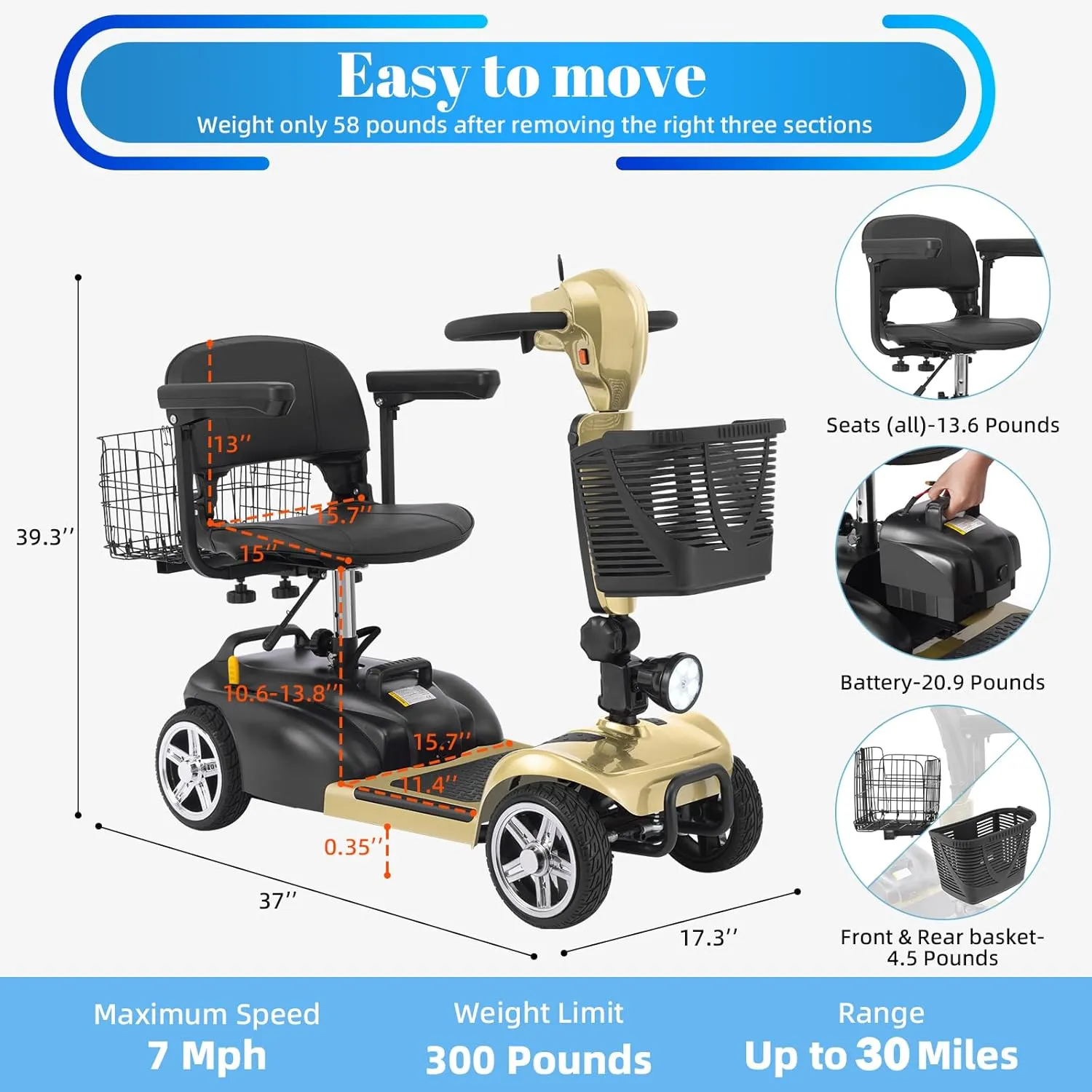 30-60 Miles Ecomobi MS02 Long Range 4 Wheels Electric Mobility Scooter for Adults/Seniors, 350W E-Wheelchair Device w/25Ah Extended Battery, Dual Baskets Compact Mobile for Travel(FSA/HSA Eligible)
