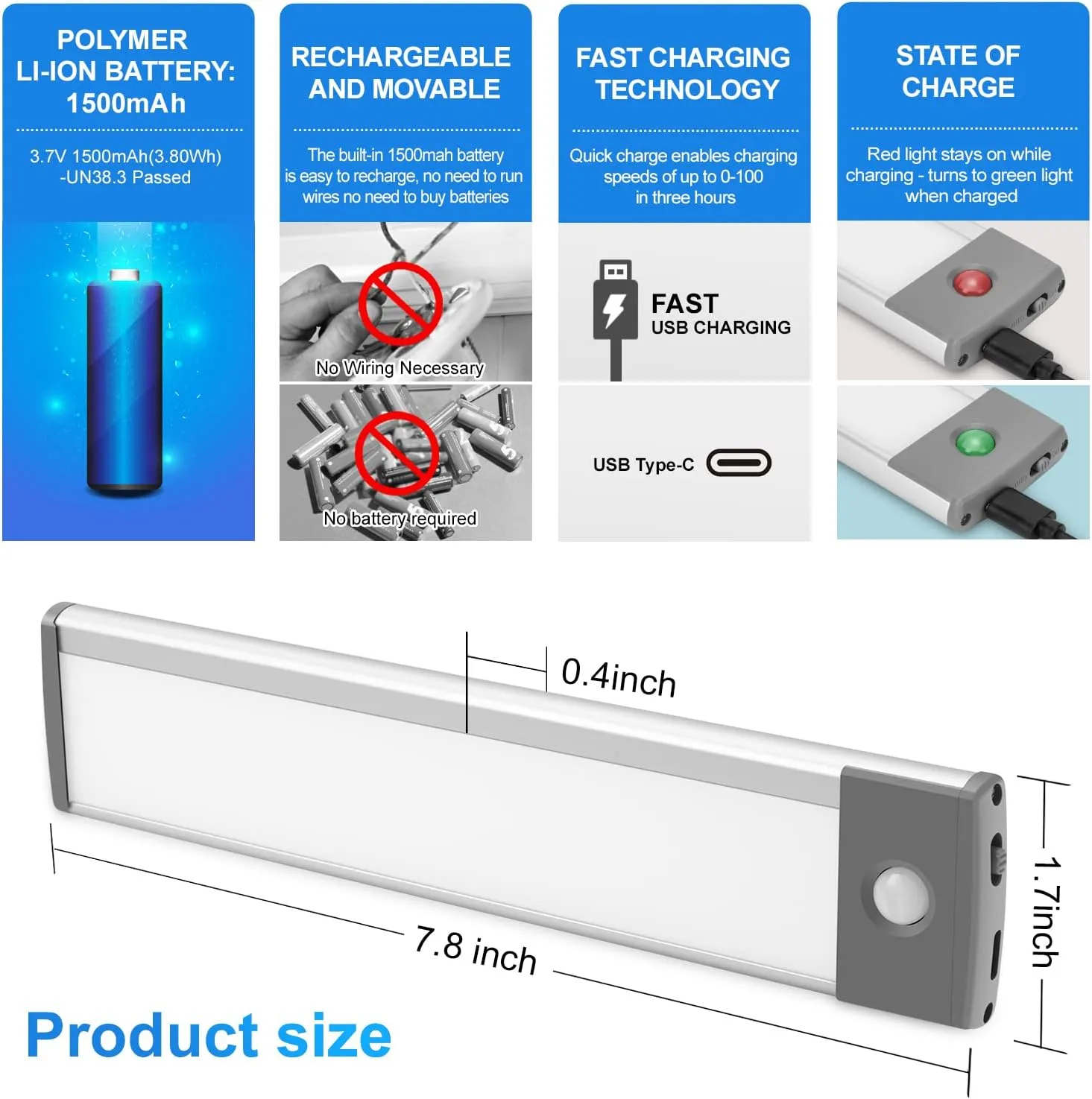 30-LED Under Cabinet Lights,USB Rechargeable Kitchen Cupboard Night Light,Battery Operated Under Counter Closet Lighting,Motion Detector Night Light,Wireless Magnetic Motion Activated Light-2Pack