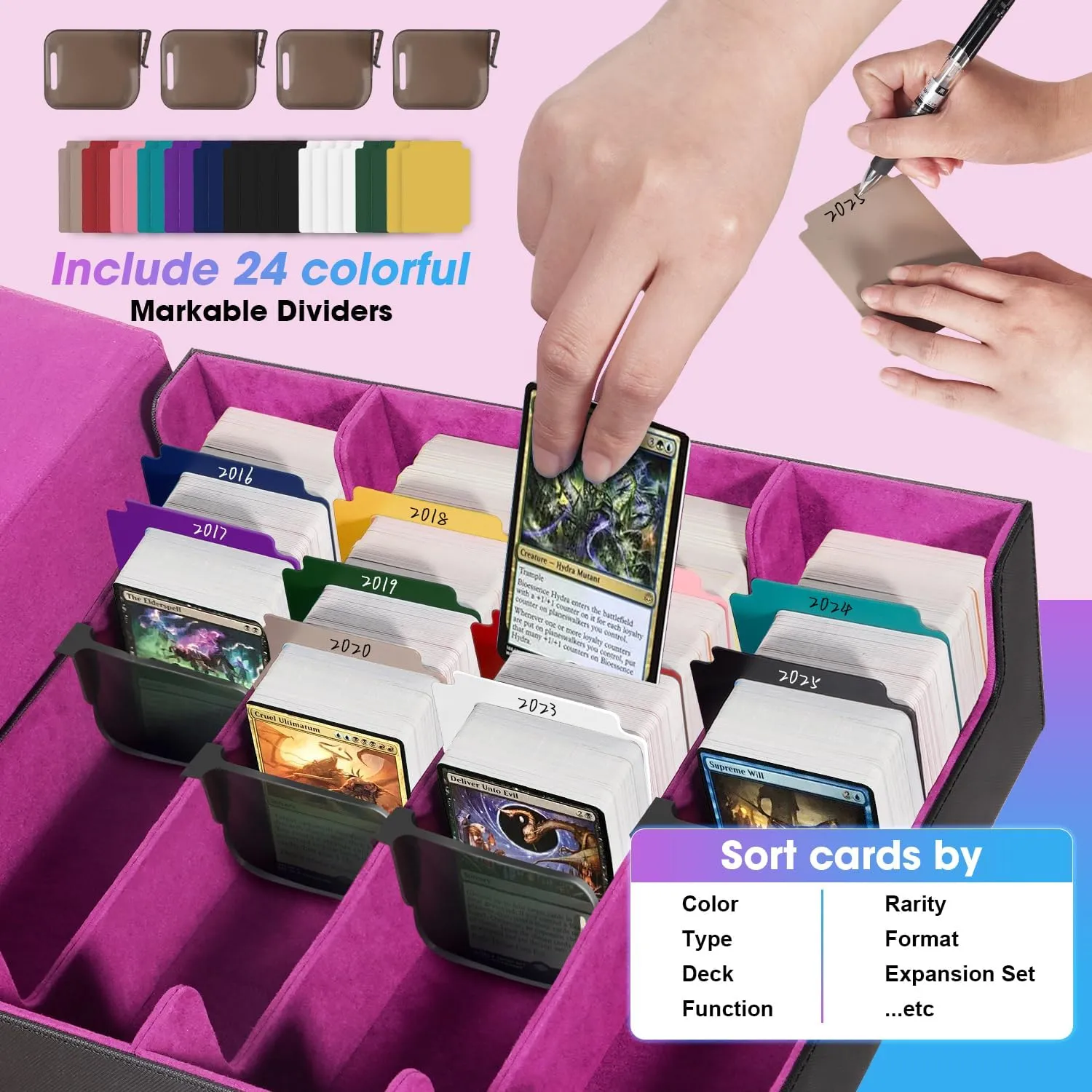3000 Trading Card Storage Box, PU Leather Organizer Case With 24 Dividers, Magnetic Closure, 4 Supporters, For Game Sports Card,Purple