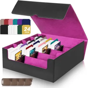 3000 Trading Card Storage Box, PU Leather Organizer Case With 24 Dividers, Magnetic Closure, 4 Supporters, For Game Sports Card,Purple