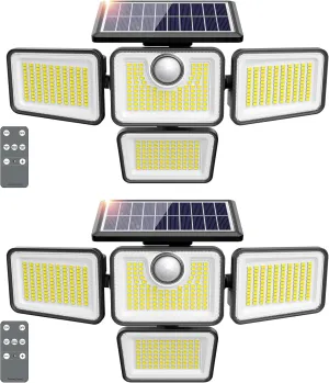 3000LM Solar Lights Outdoor, 4 Adjustable Heads Motion Sensor Lights, 3 Mode, IP65 Waterproof Solar Security Wall Lights, Remote Control Flood Lights, Graden, Outside, Backyard, 2 Pack