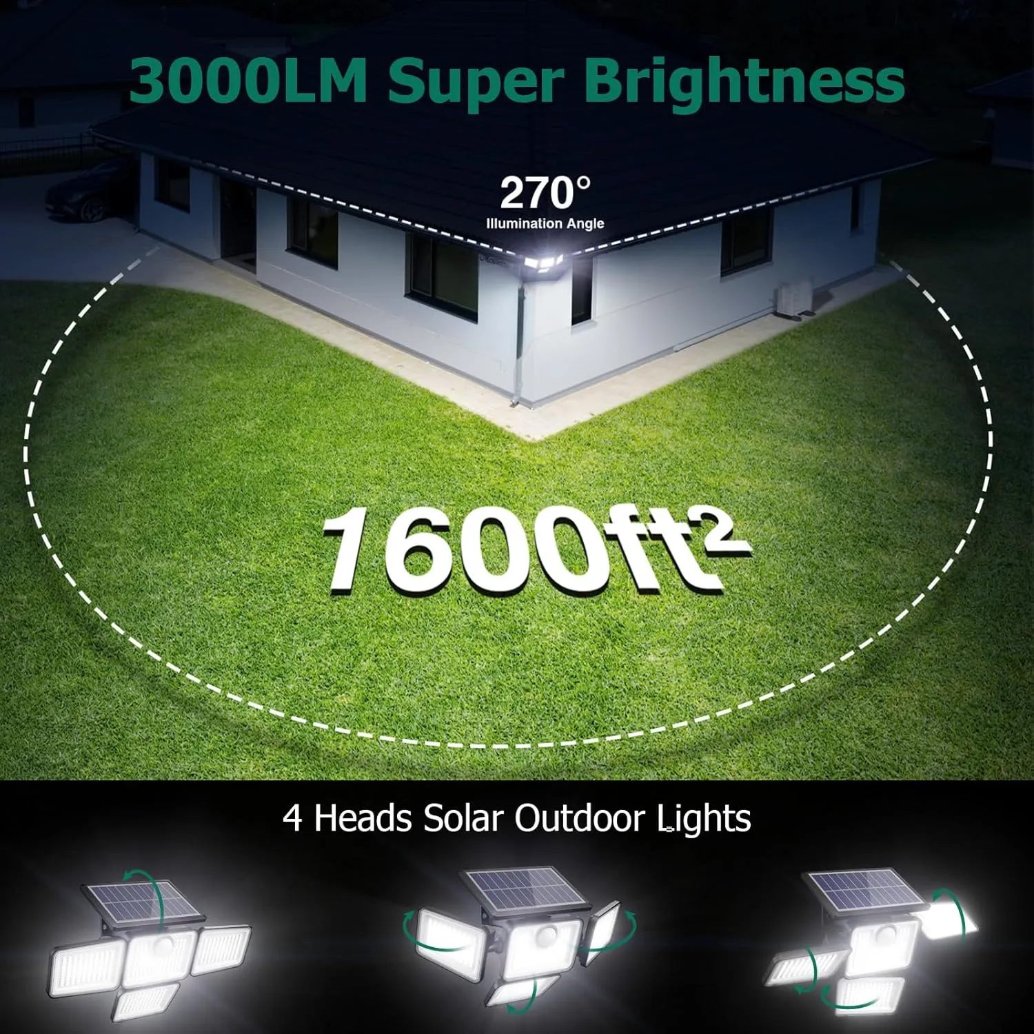 3000LM Solar Lights Outdoor, 4 Adjustable Heads Motion Sensor Lights, 3 Mode, IP65 Waterproof Solar Security Wall Lights, Remote Control Flood Lights, Graden, Outside, Backyard, 2 Pack