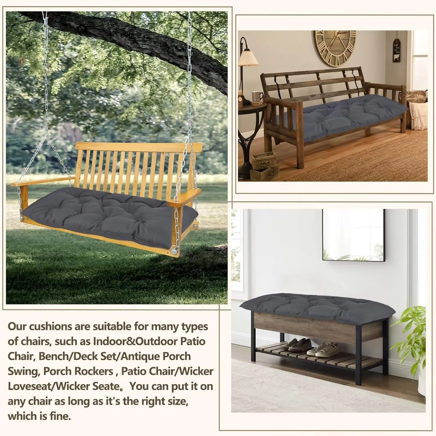 39.3in Waterproof Indoor/Outdoor Garden Bench Seat Cushions，Thicken Patio Bench Soft Rocking Chairs Pad Lounger Seat for Wicker Loveseat Settee（39.3 X 19.14 in,Dark Grey ）