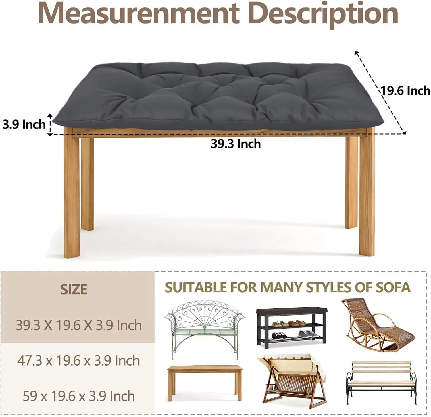 39.3in Waterproof Indoor/Outdoor Garden Bench Seat Cushions，Thicken Patio Bench Soft Rocking Chairs Pad Lounger Seat for Wicker Loveseat Settee（39.3 X 19.14 in,Dark Grey ）