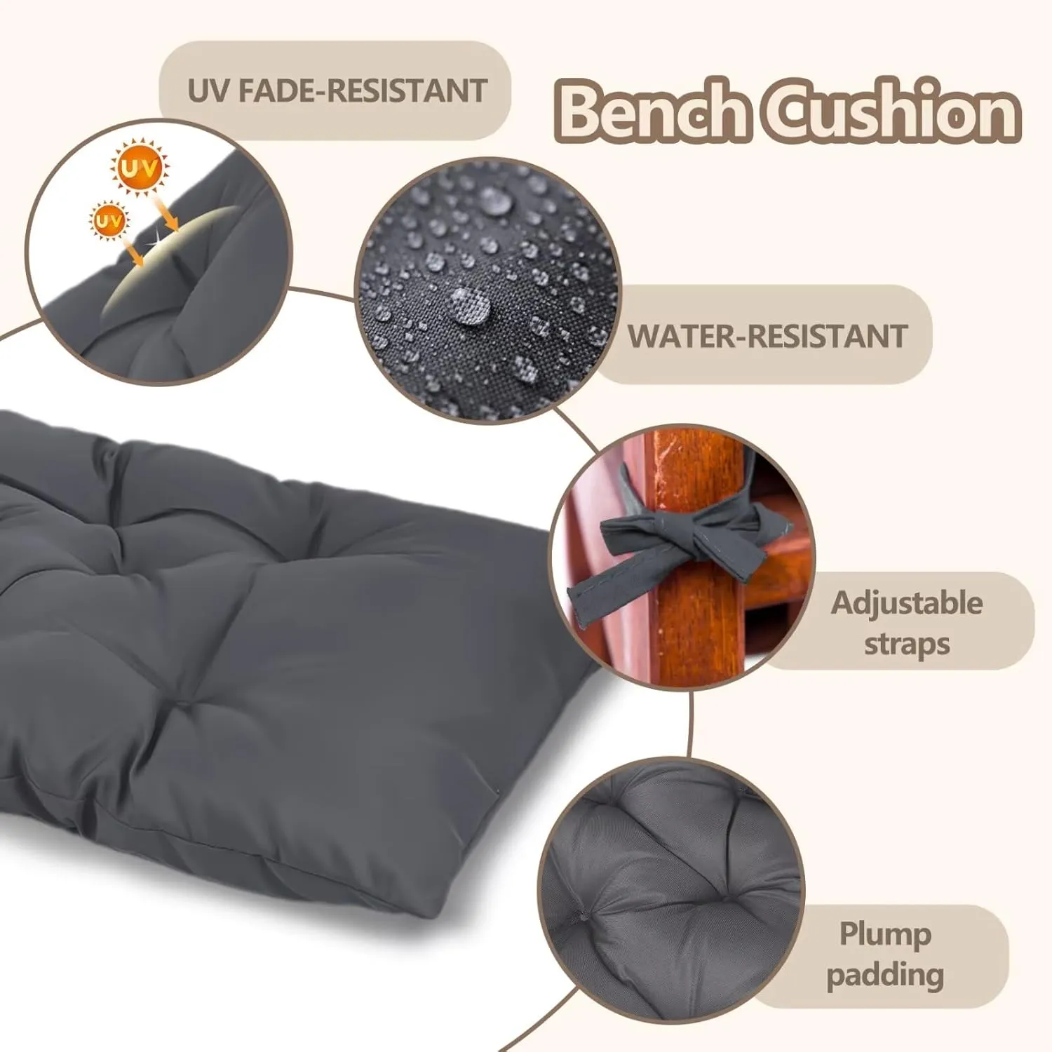 39.3in Waterproof Indoor/Outdoor Garden Bench Seat Cushions，Thicken Patio Bench Soft Rocking Chairs Pad Lounger Seat for Wicker Loveseat Settee（39.3 X 19.14 in,Dark Grey ）