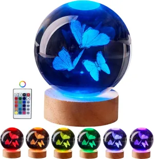 3D Butterfly Crystal Ball Lamp,Lifelike Three Butterflies Night Light,16 Colors Changing Light,Dimmable Remote Control, Gift Lamp (Butterfly)