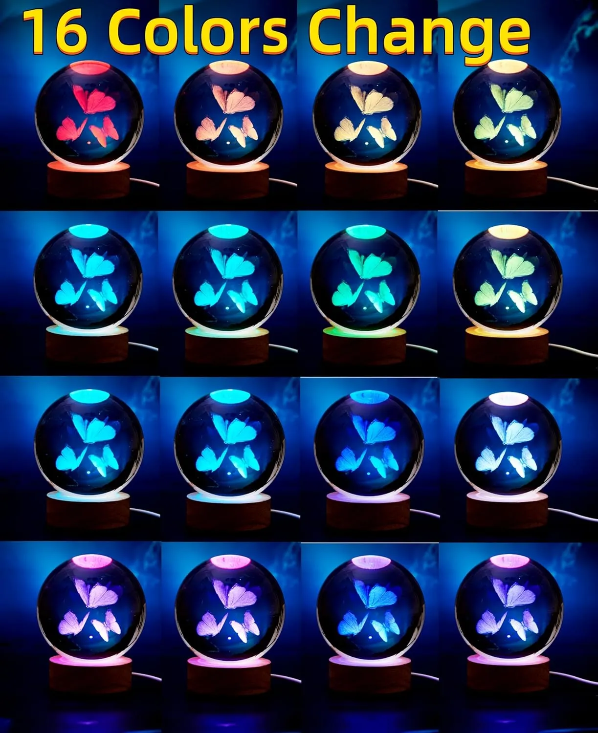 3D Butterfly Crystal Ball Lamp,Lifelike Three Butterflies Night Light,16 Colors Changing Light,Dimmable Remote Control, Gift Lamp (Butterfly)