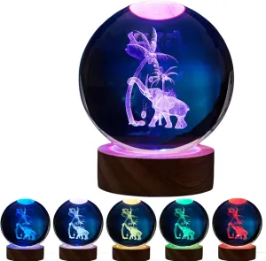 3D Elephant Crystal Ball Lamp,Lifelike Elephant Night Light,16 Colors Changing Light,Dimmable Remote Control,Elephant Lamp Gift (J)