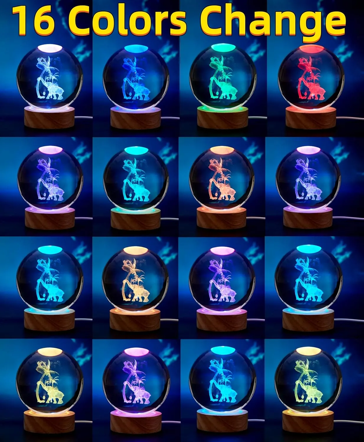 3D Elephant Crystal Ball Lamp,Lifelike Elephant Night Light,16 Colors Changing Light,Dimmable Remote Control,Elephant Lamp Gift (J)