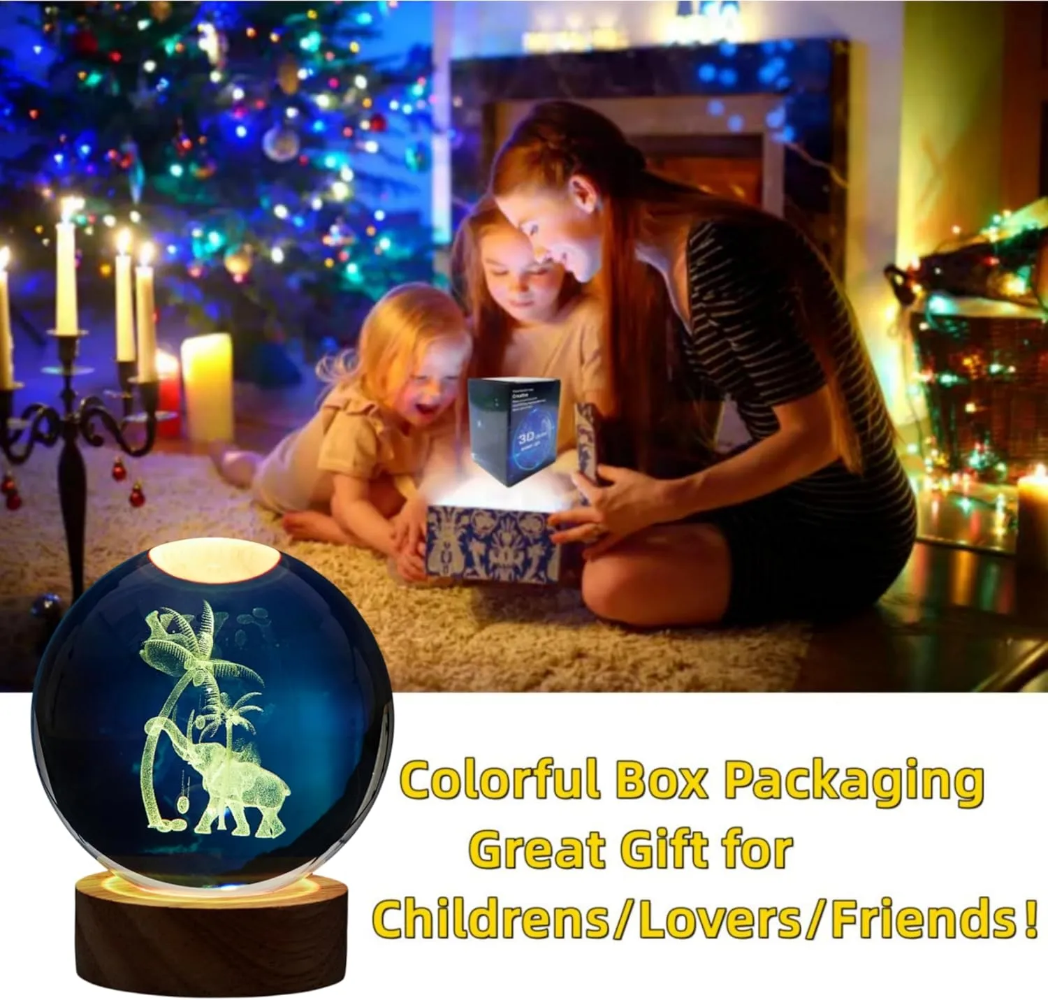 3D Elephant Crystal Ball Lamp,Lifelike Elephant Night Light,16 Colors Changing Light,Dimmable Remote Control,Elephant Lamp Gift (J)