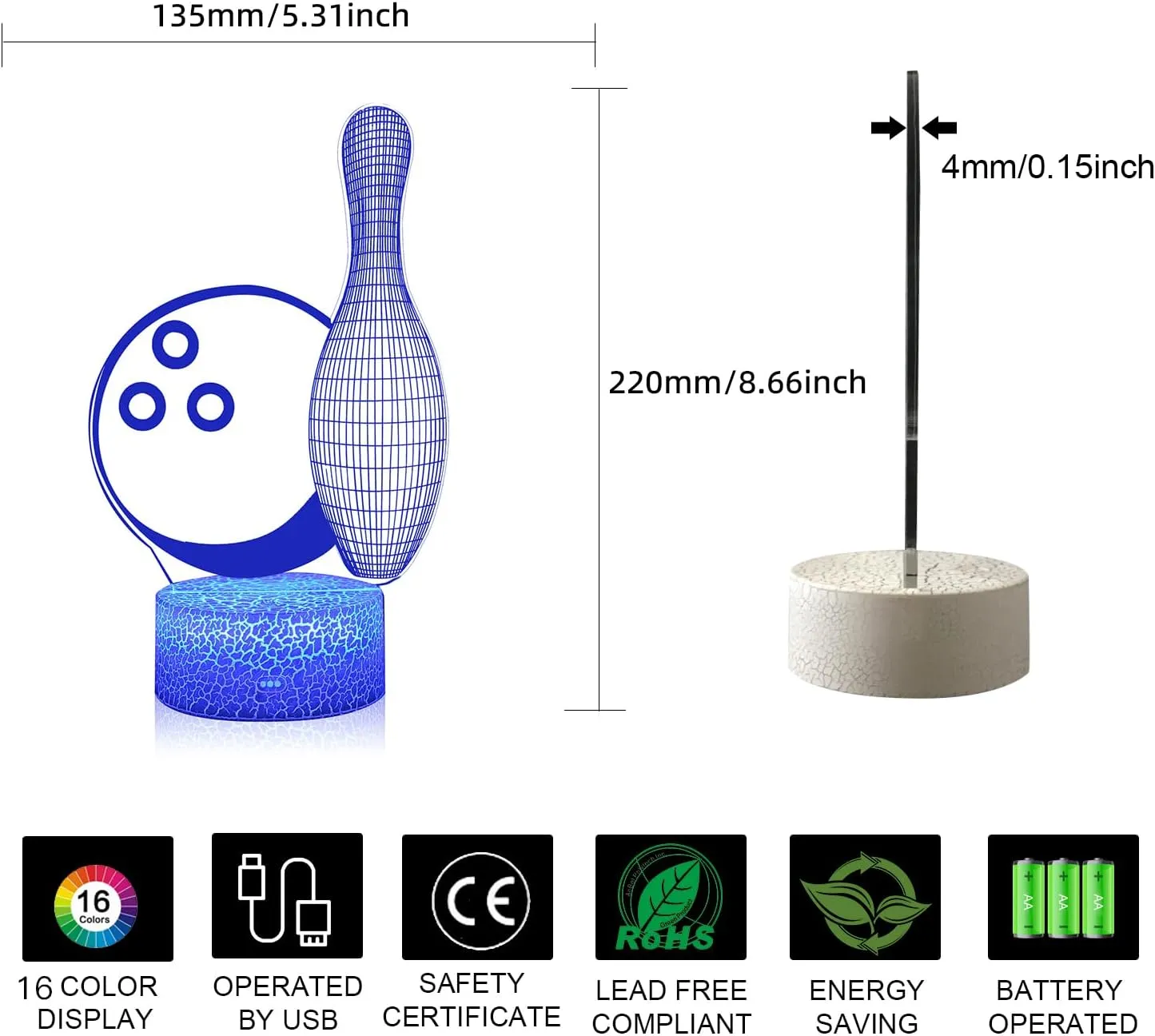 3D Illusion Bowling Night Light Teenager Christmas Gifts Xmas Gift Lamp 16 Color Change Touch White Crack Base Birthday Present with Remote Control Boys Girls