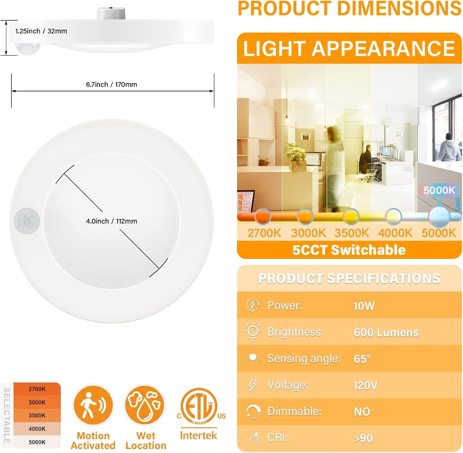 4 Inch Field Selectable 5CCT LED Motion Sensor Ceiling Light, 120V Wired Closet Light, 10 Watts, 600Lm, CRI80 , Non-dimmable, ETL Certified, Wet Location, Round/White, 4 Packs …