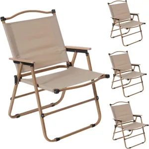 4 Pack Folding Camping Chairs for Adults, Portable Outdoor Beach Chair Foldable, Outdoor Camp Chairs with Metal Frame Wooden Handrail for Camping, Parety, Fishing, Beach, Lawns, Patio, Khaki