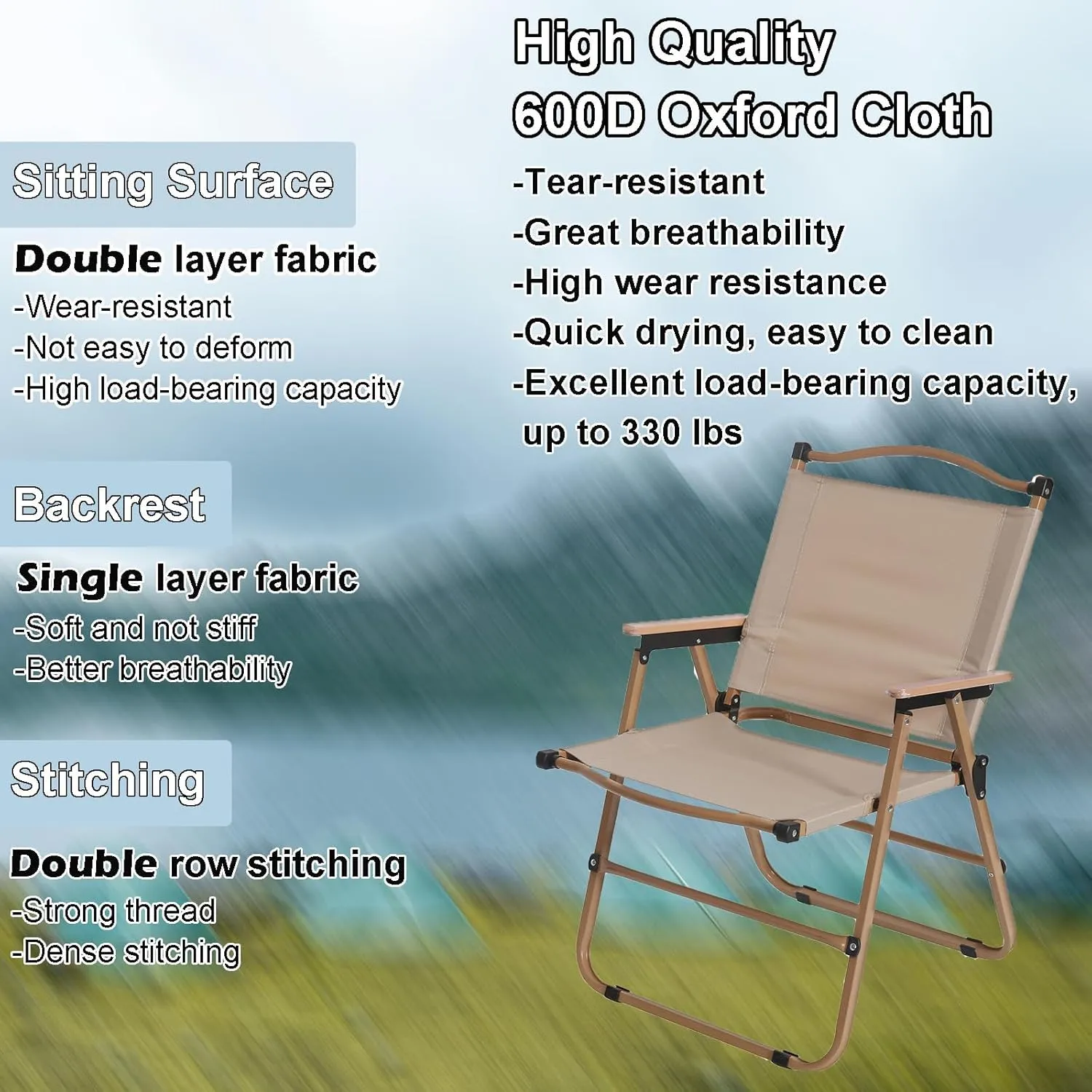 4 Pack Folding Camping Chairs for Adults, Portable Outdoor Beach Chair Foldable, Outdoor Camp Chairs with Metal Frame Wooden Handrail for Camping, Parety, Fishing, Beach, Lawns, Patio, Khaki