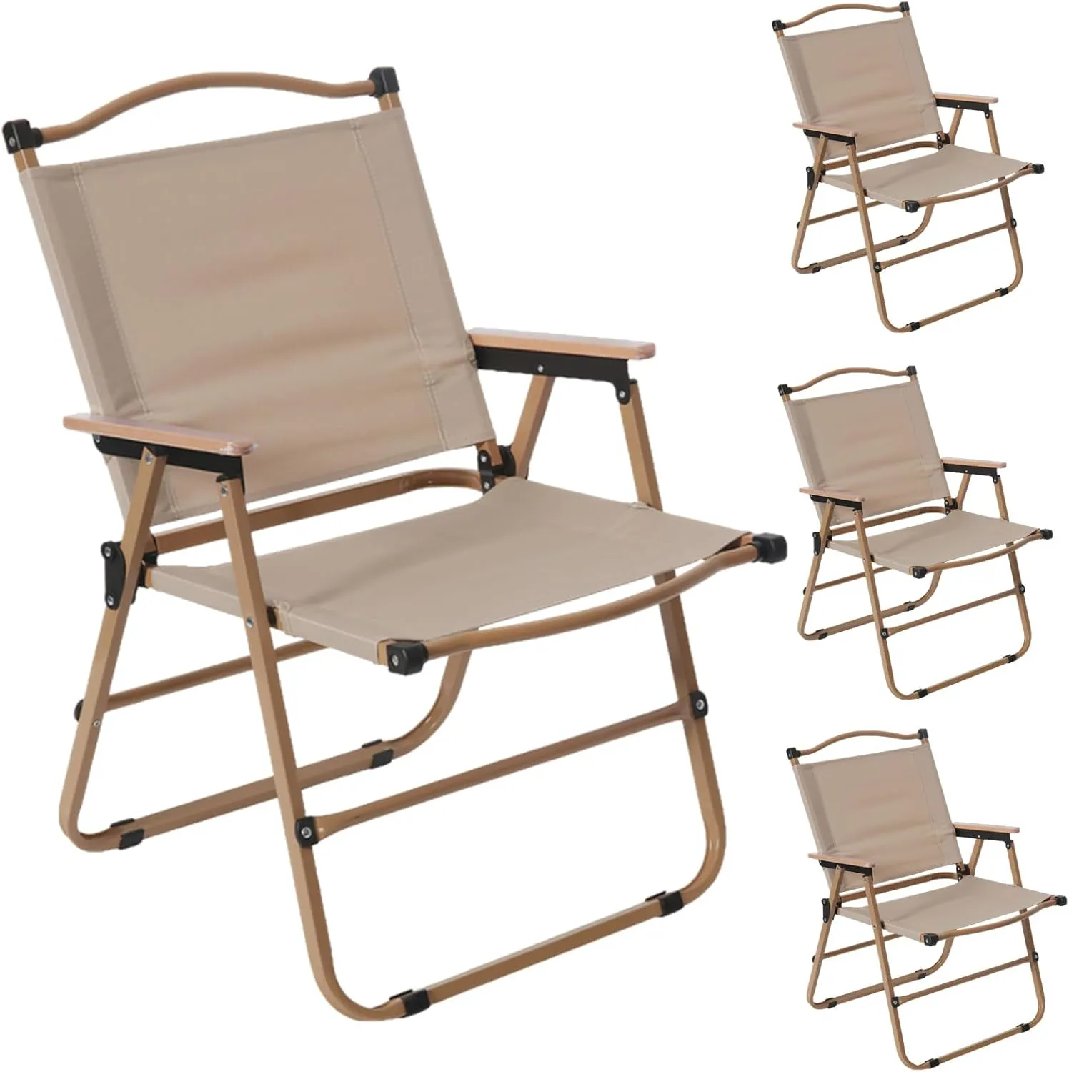 4 Pack Folding Camping Chairs for Adults, Portable Outdoor Beach Chair Foldable, Outdoor Camp Chairs with Metal Frame Wooden Handrail for Camping, Parety, Fishing, Beach, Lawns, Patio, Khaki