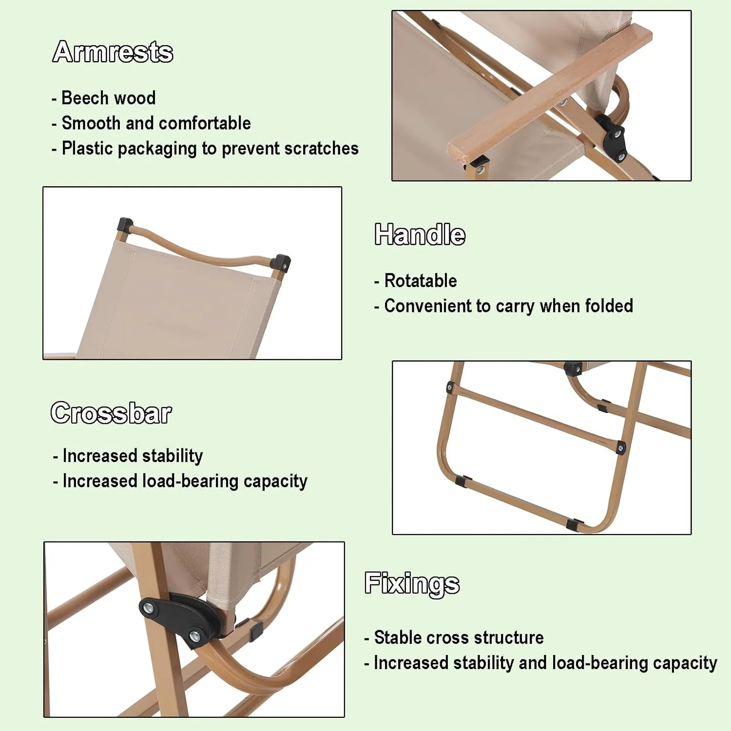 4 Pack Folding Camping Chairs for Adults, Portable Outdoor Beach Chair Foldable, Outdoor Camp Chairs with Metal Frame Wooden Handrail for Camping, Parety, Fishing, Beach, Lawns, Patio, Khaki
