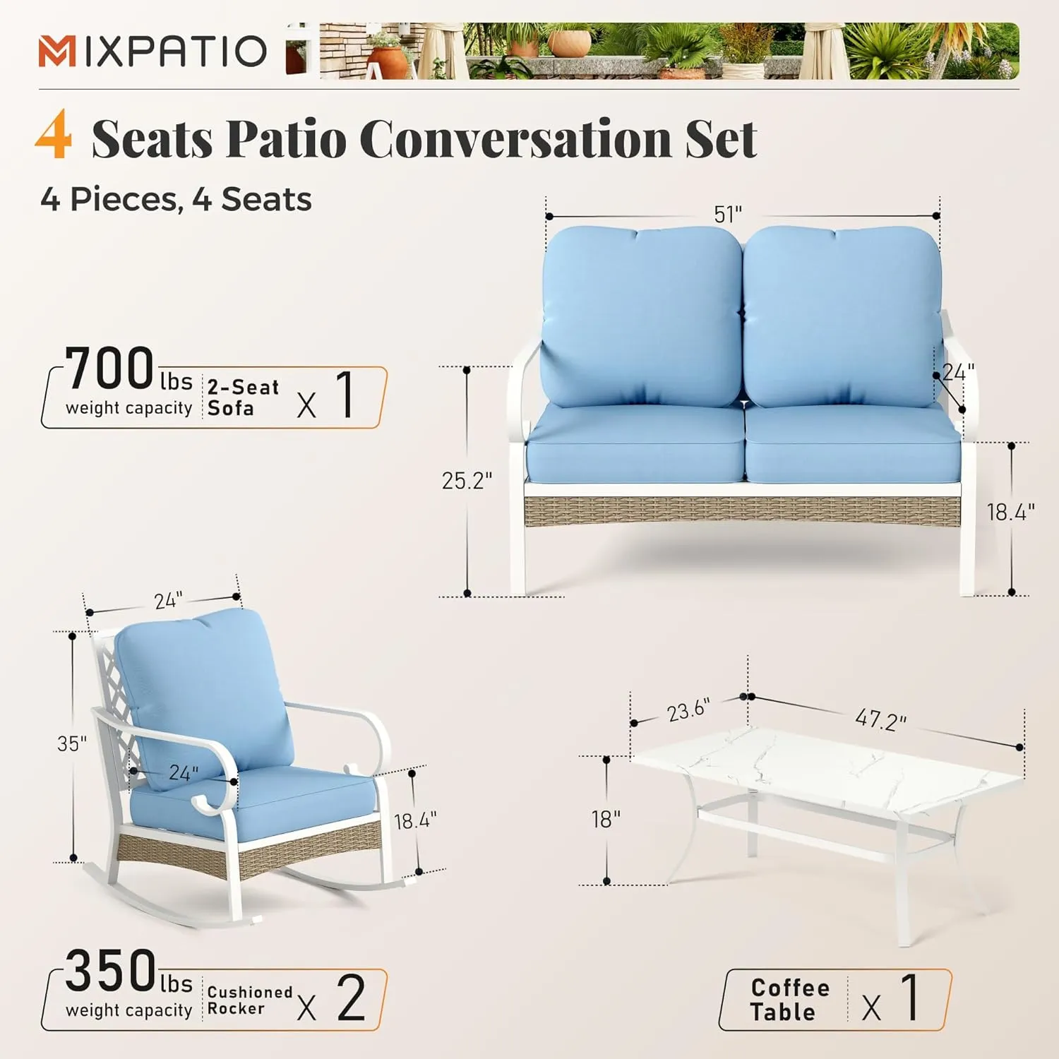 4 Piece Patio Furniture Set, 2 x Rocking Chair, 1 x 2-Seat Sofa with Marbling Coffee Table, All Cushioned 4 Seats Outdoor Conversation Set for Lawn Garden Backyard, Blue