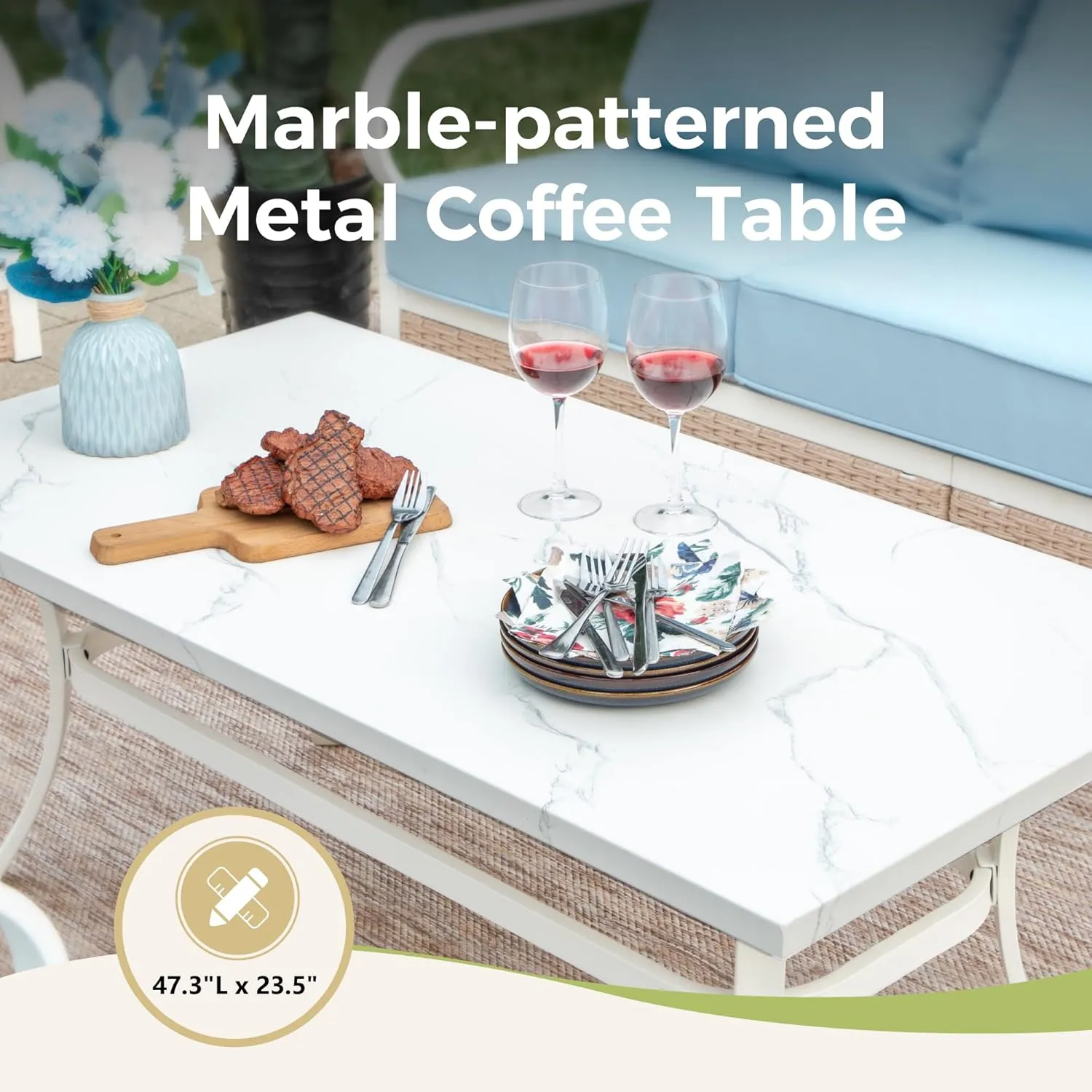 4 Piece Patio Furniture Set, 2 x Rocking Chair, 1 x 2-Seat Sofa with Marbling Coffee Table, All Cushioned 4 Seats Outdoor Conversation Set for Lawn Garden Backyard, Blue