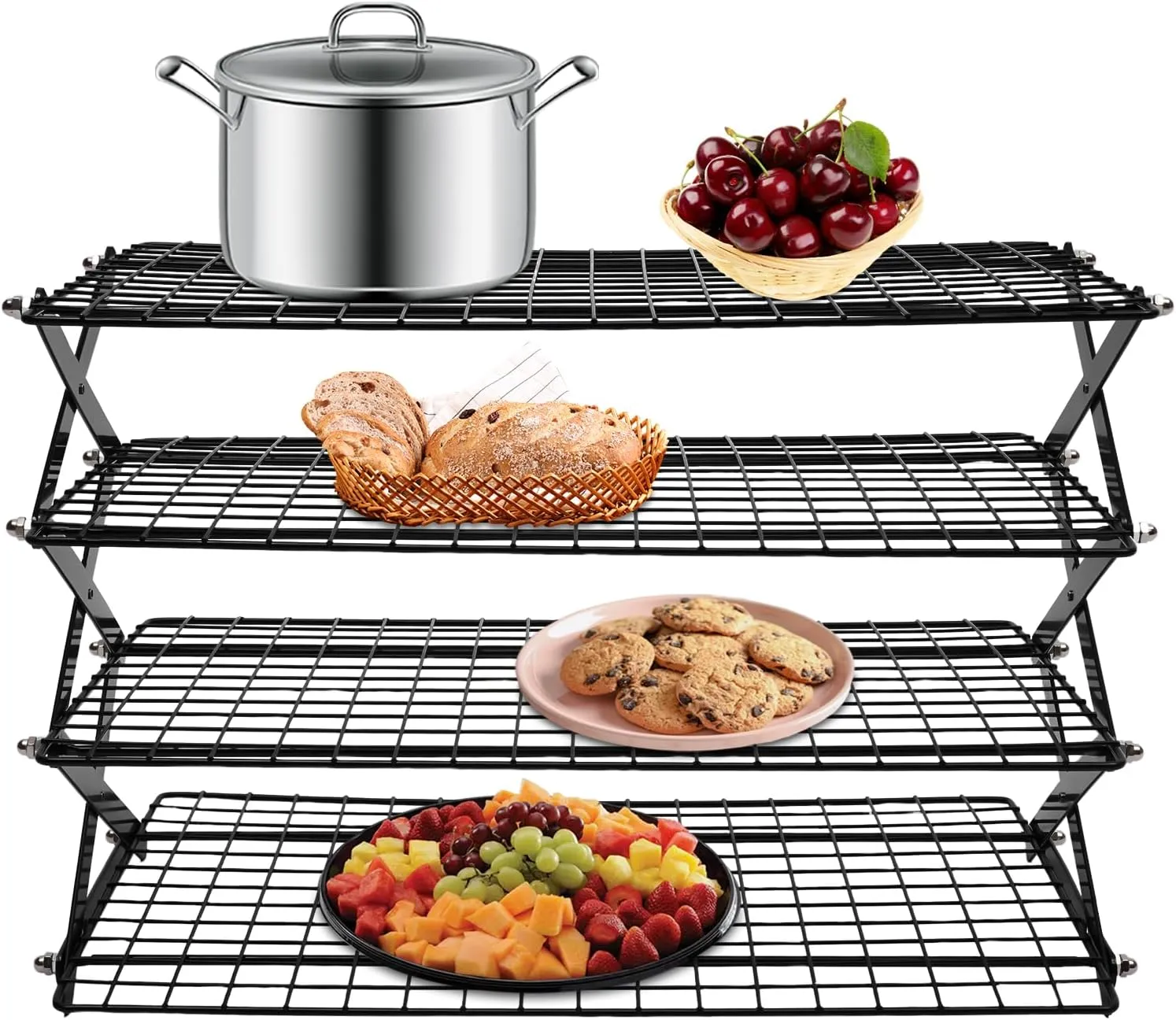 4-Tier Collapsible Cooling Rack for Baking, Adjustable Stackable Cooling Tray Rack Outdoor Folding Shelf Portable Barbecue Net Desk Camp Grill Storge