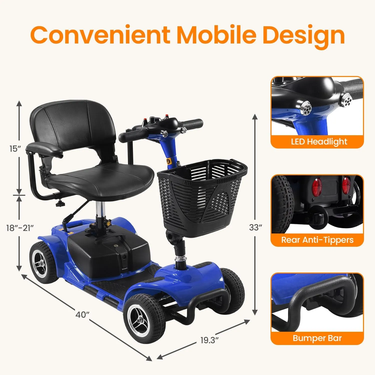 4 Wheel Battery Powered Electric Mobility Scooter - Electric Transportation Wheelchair - Compact Heavy Duty Mobility for Travel, Adults and Seniors Includes Basket and Charger (Blue)