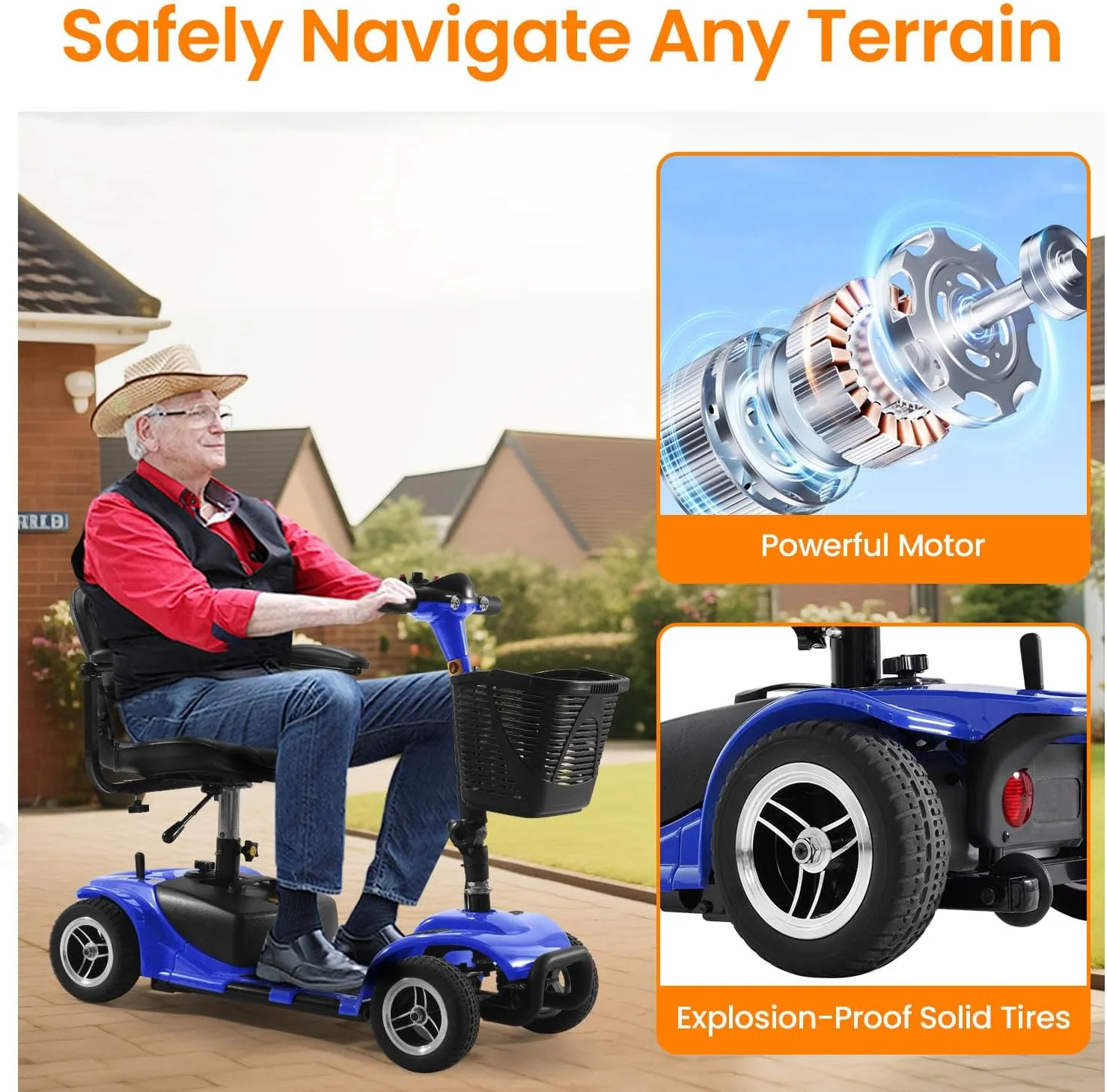 4 Wheel Battery Powered Electric Mobility Scooter - Electric Transportation Wheelchair - Compact Heavy Duty Mobility for Travel, Adults and Seniors Includes Basket and Charger (Blue)