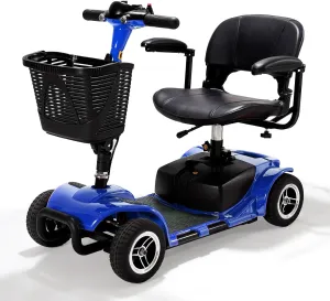 4 Wheel Battery Powered Electric Mobility Scooter - Electric Transportation Wheelchair - Compact Heavy Duty Mobility for Travel, Adults and Seniors Includes Basket and Charger (Blue)