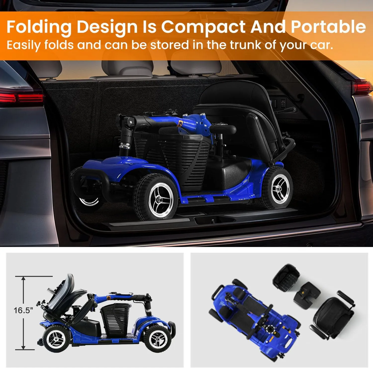4 Wheel Battery Powered Electric Mobility Scooter - Electric Transportation Wheelchair - Compact Heavy Duty Mobility for Travel, Adults and Seniors Includes Basket and Charger (Blue)