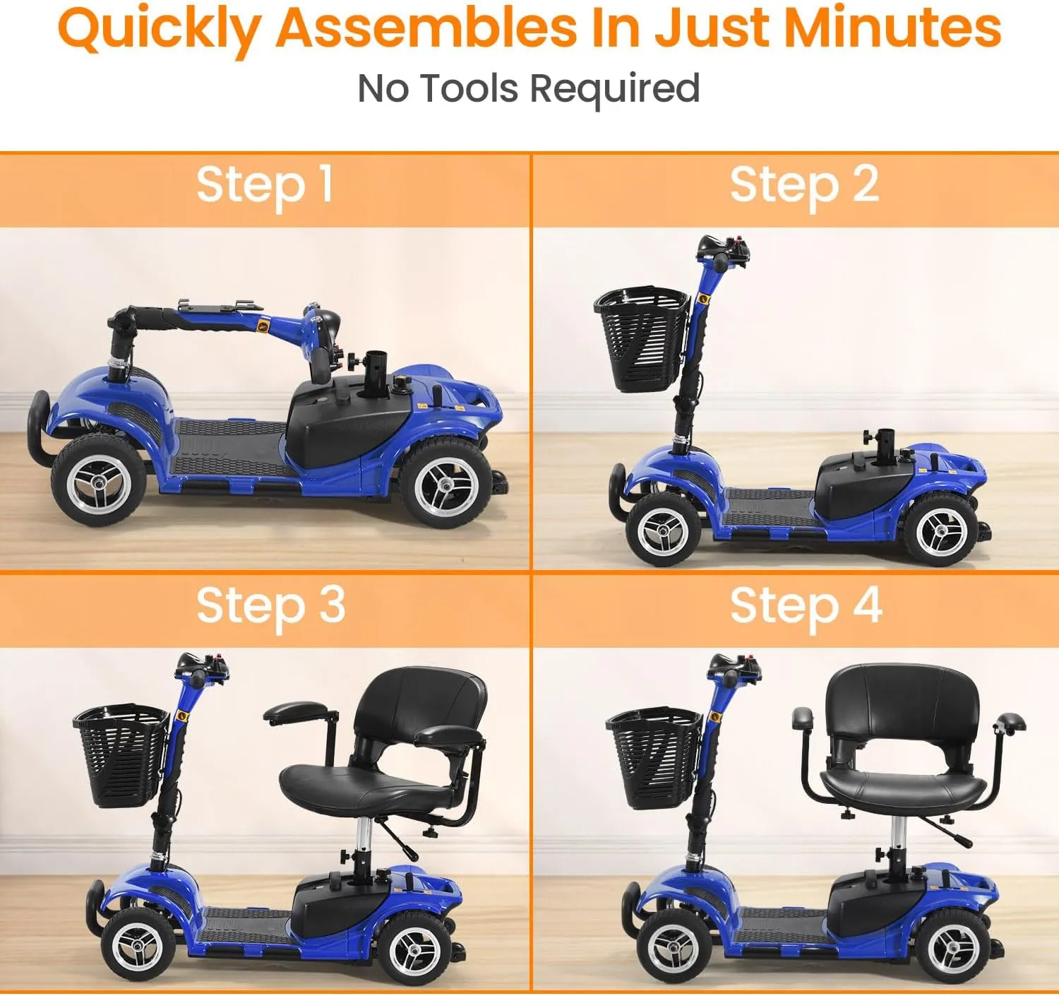 4 Wheel Battery Powered Electric Mobility Scooter - Electric Transportation Wheelchair - Compact Heavy Duty Mobility for Travel, Adults and Seniors Includes Basket and Charger (Blue)
