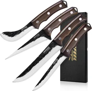 4PCS Hand Forged Butcher Knife Set - Slicing Knife,Boning Knives, Dividing Knives,Skinning Butcher Knives,High Carbon Steel Meat Cutting Knives for Home Kitchen & Outdoor