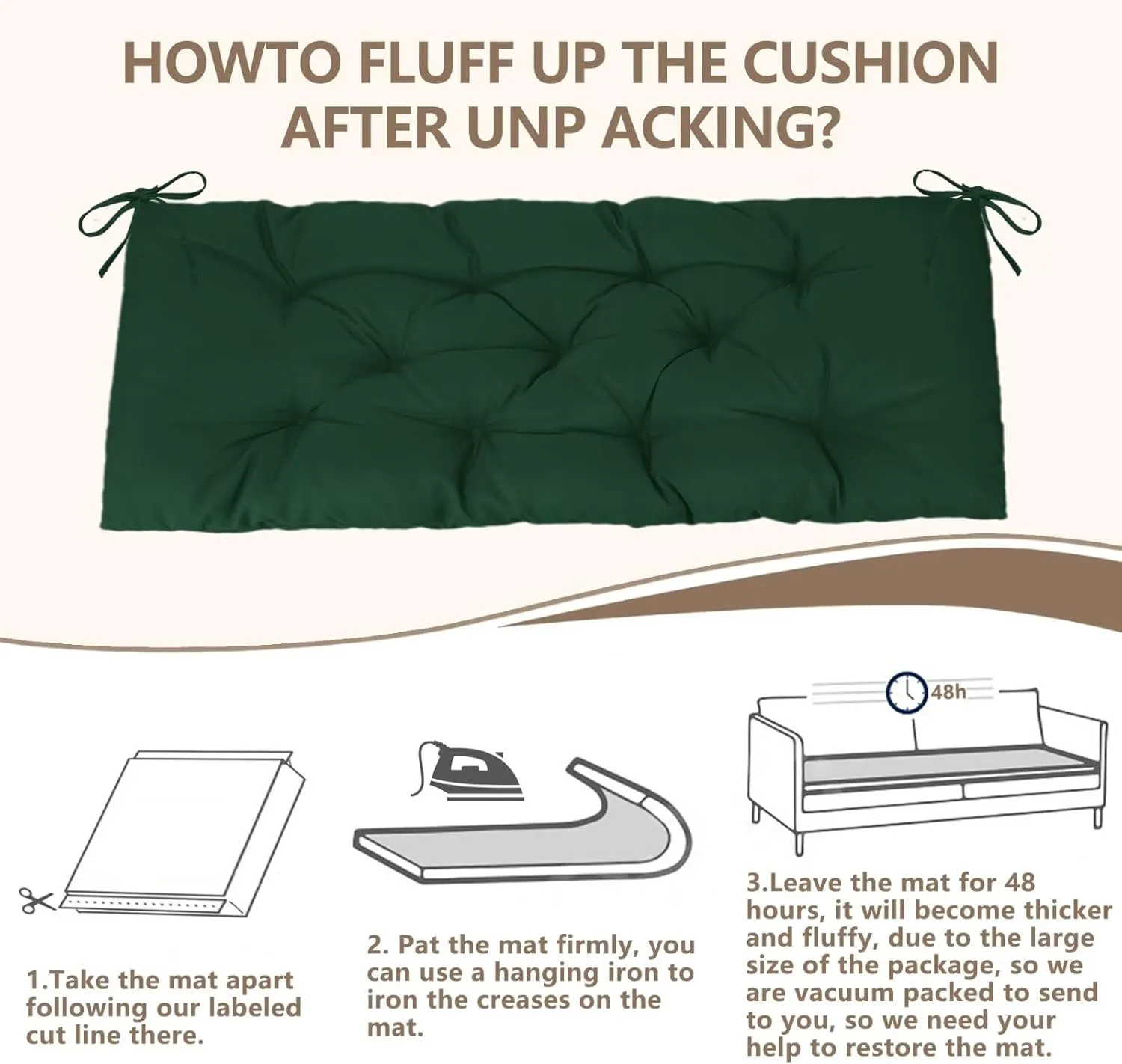 59 inch Indoor/Outdoor Bench Cushion, Swing Cushion,2/3 seat Thick Outdoor Garden Bench Seat Cushion Backrest Waterproof Bench Pad (59 X 19.13 in,Dark Green)
