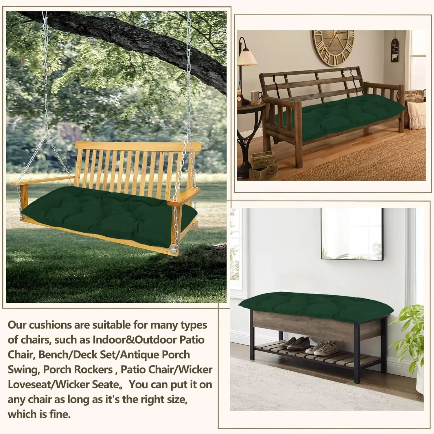 59 inch Indoor/Outdoor Bench Cushion, Swing Cushion,2/3 seat Thick Outdoor Garden Bench Seat Cushion Backrest Waterproof Bench Pad (59 X 19.13 in,Dark Green)