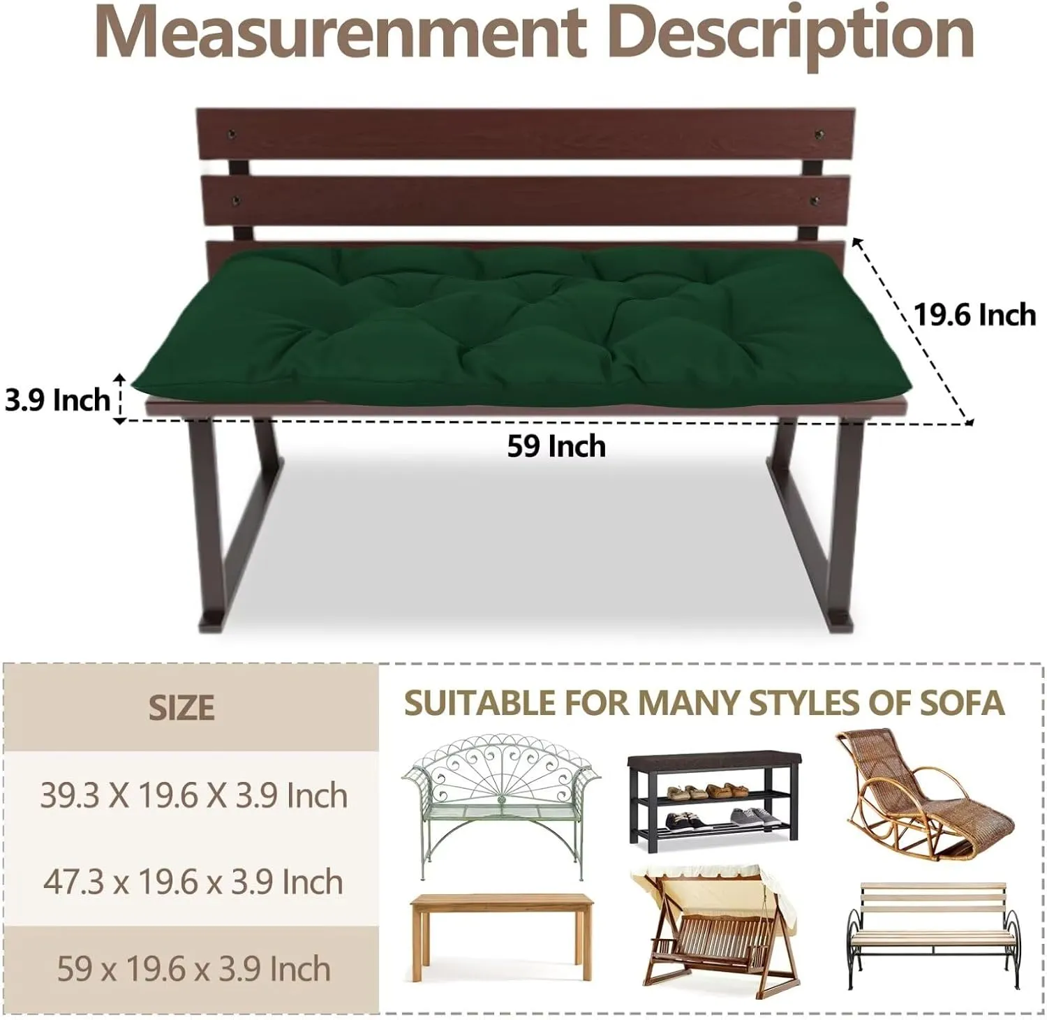 59 inch Indoor/Outdoor Bench Cushion, Swing Cushion,2/3 seat Thick Outdoor Garden Bench Seat Cushion Backrest Waterproof Bench Pad (59 X 19.13 in,Dark Green)