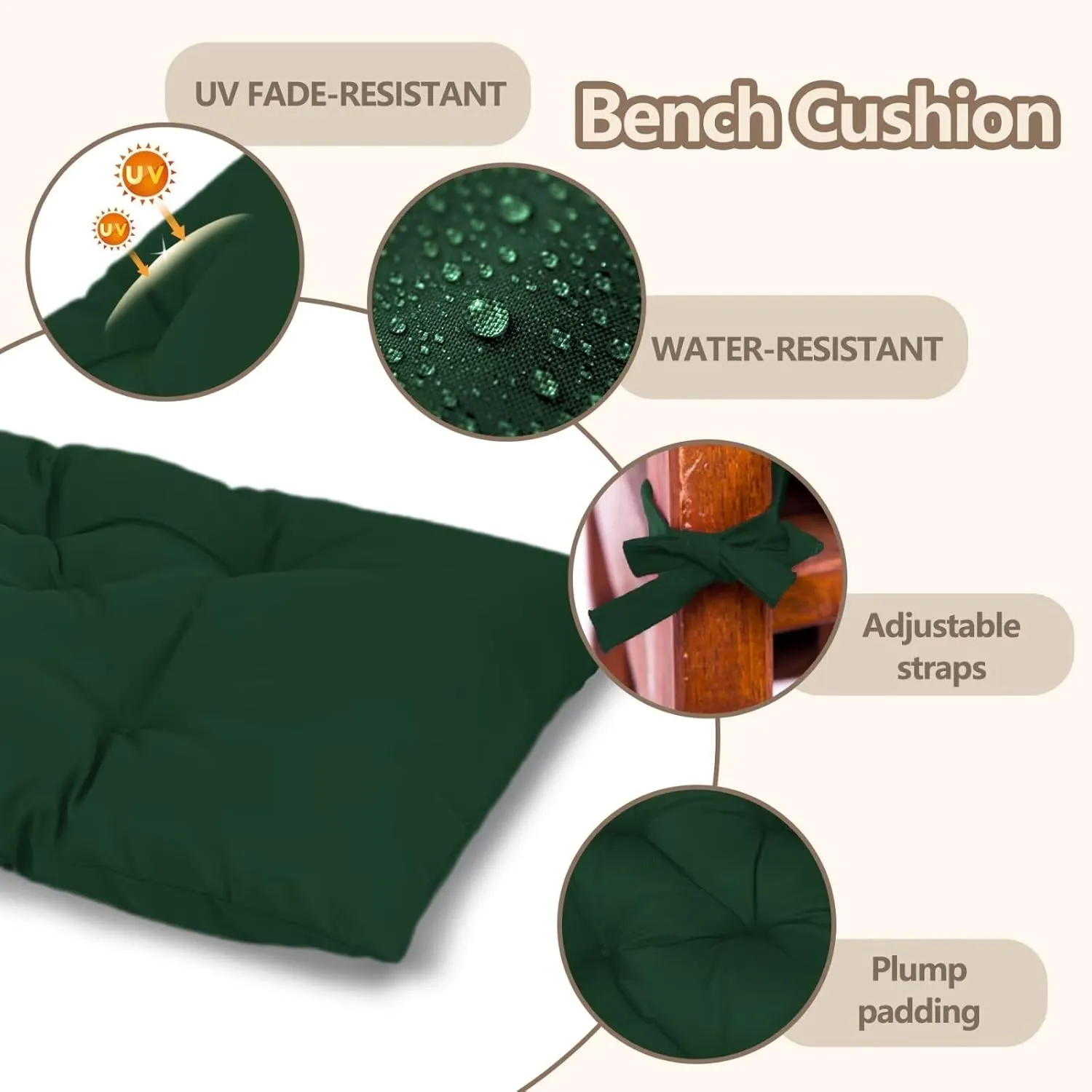 59 inch Indoor/Outdoor Bench Cushion, Swing Cushion,2/3 seat Thick Outdoor Garden Bench Seat Cushion Backrest Waterproof Bench Pad (59 X 19.13 in,Dark Green)