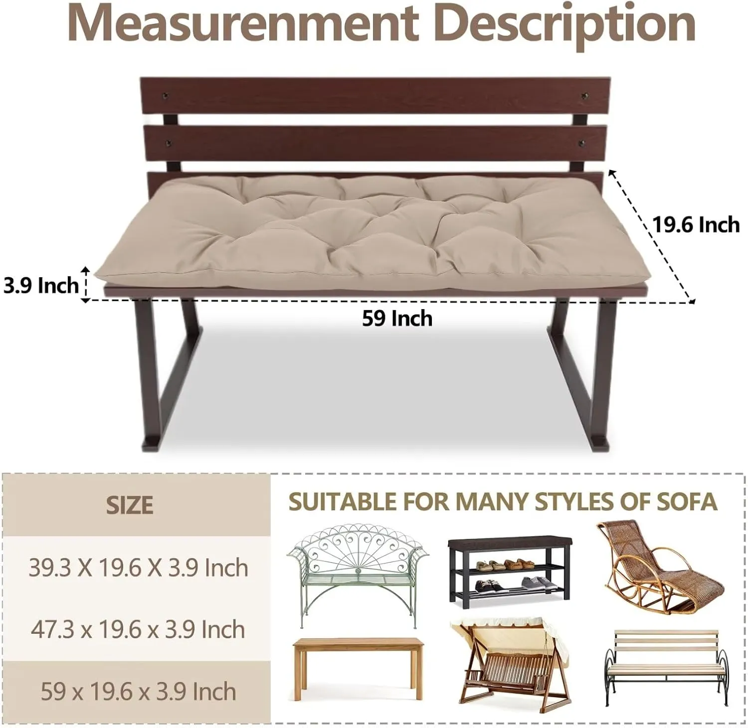 59 inch Indoor/Outdoor Bench Cushion, Swing Cushion,2/3 seat Thick Outdoor Garden Bench Seat Cushion Backrest Waterproof Bench Pad (59 X 19.6 in Kihaki)