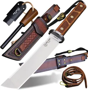 7mm 9CR18MOV steel (15.6IN) sandalwood handle full Tang fixed knife scabbard (single shoulder strap)&(5.9IN) cerium igniter, suitable for outdoor hunting, camping, survival, EDC tool knife