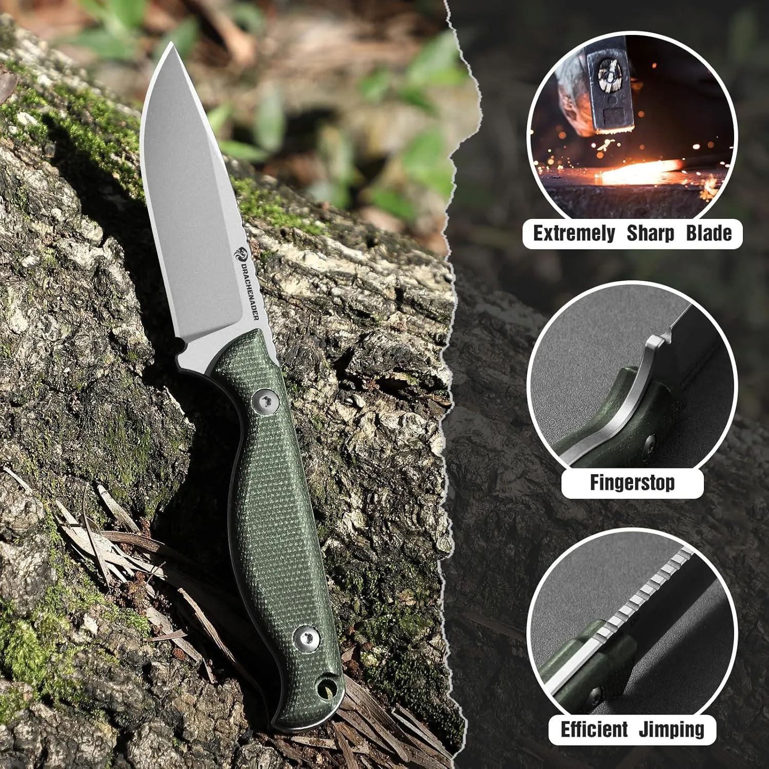 7" Small Fixed Blade Knife with Sheath GT3, 2.95" D2 Steel Blade, Full Tang, EDC knife with Pocket Clip Outdoor with Micarta Handle