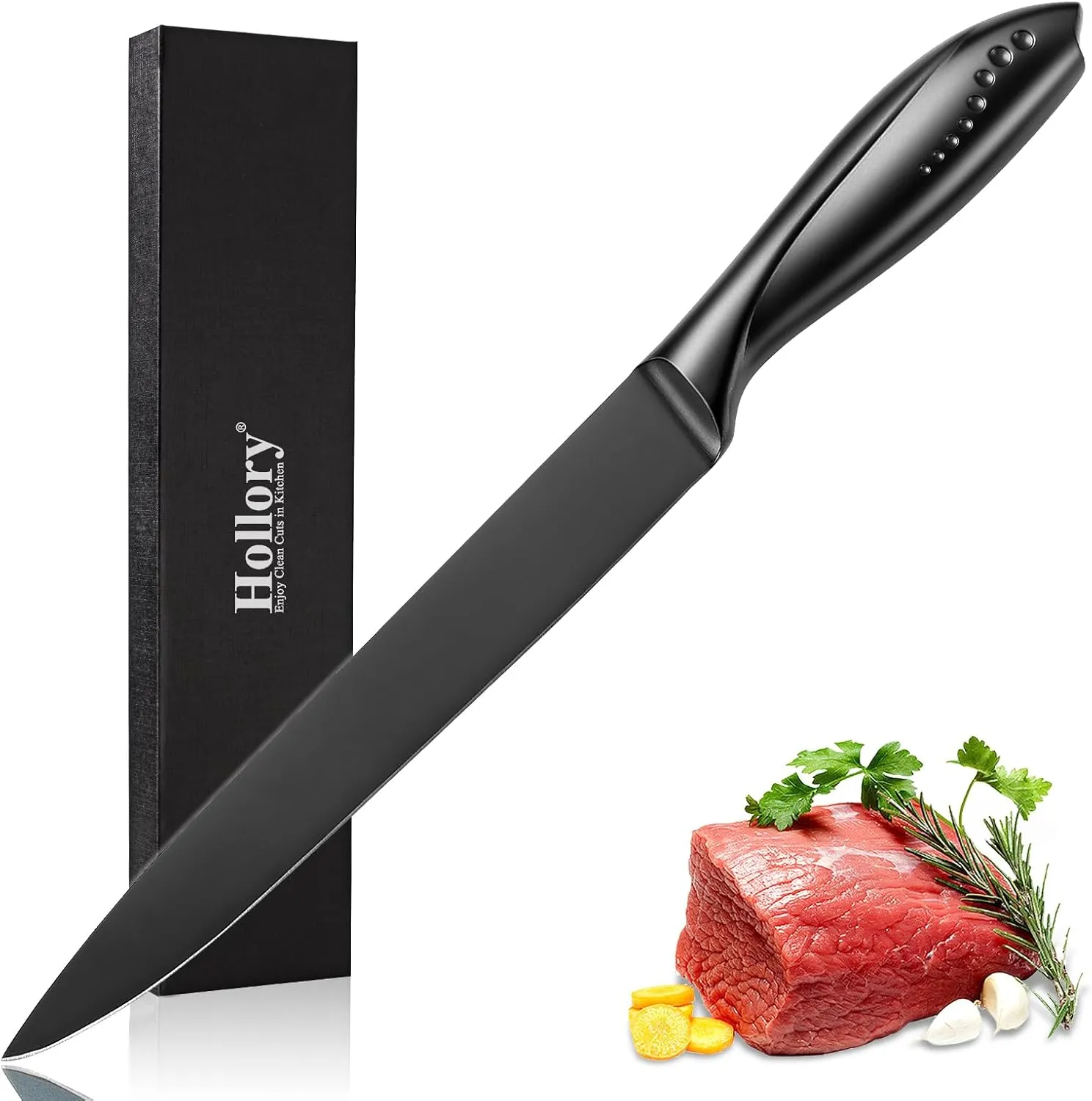 8 Inch Slicing Knife, German High Carbon Stainless-Steel Blade and Ergonomic Comfortable Handle, Non-Stick Slicer Knife for Carving Slicing Cutting of Meat Vegetables and Fruits-Black