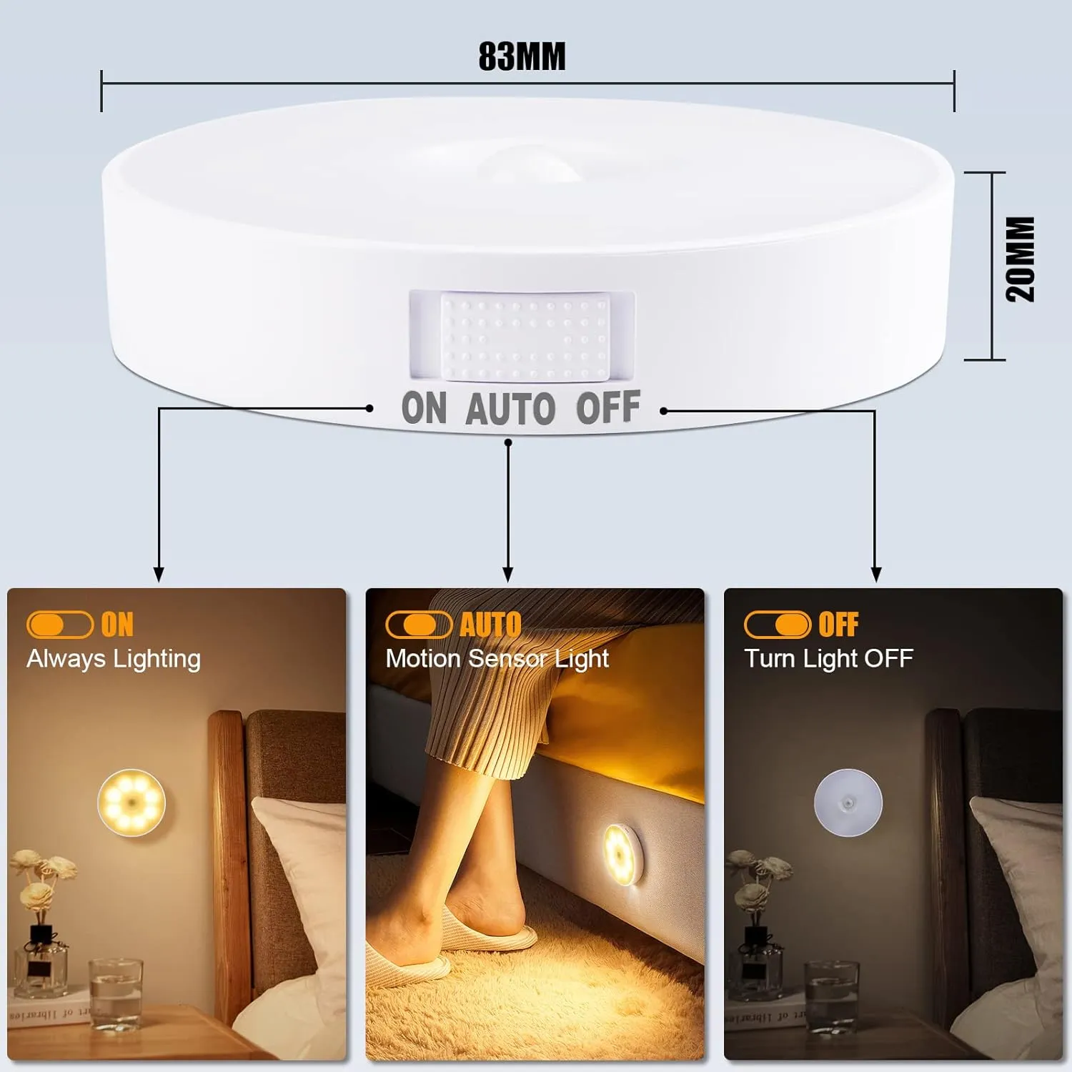 8 LEDs Motion Sensor Light Indoor, Night Light USB Rechargeable, 3 Light Modes & 400 mAh Battery, Cordless Magnetic Sticker Nightlight for Stair, Closet, Hallway - 3000K Warm White 6 Pack