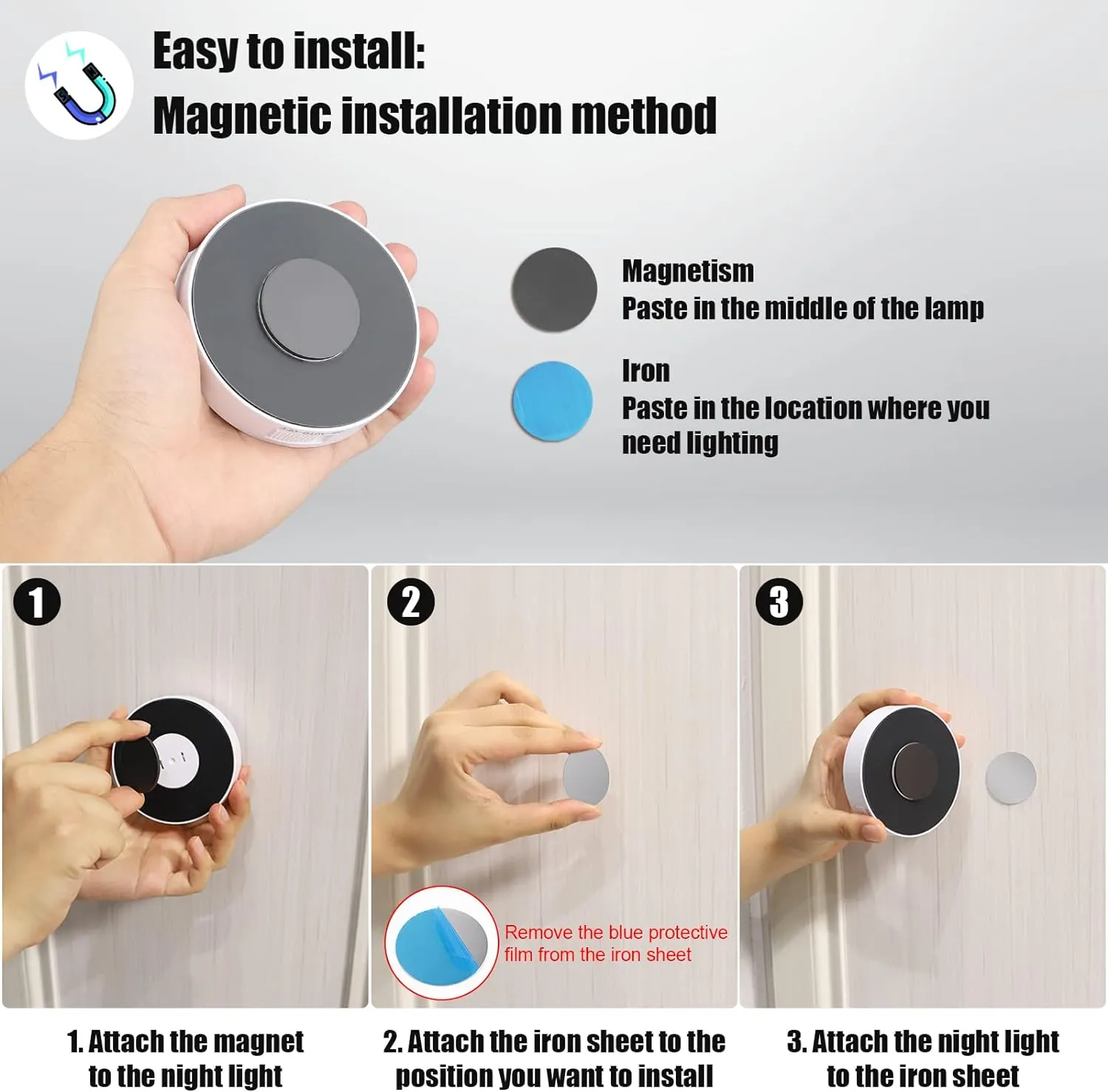 8 LEDs Motion Sensor Light Indoor, Night Light USB Rechargeable, 3 Light Modes & 400 mAh Battery, Cordless Magnetic Sticker Nightlight for Stair, Closet, Hallway - 3000K Warm White 6 Pack