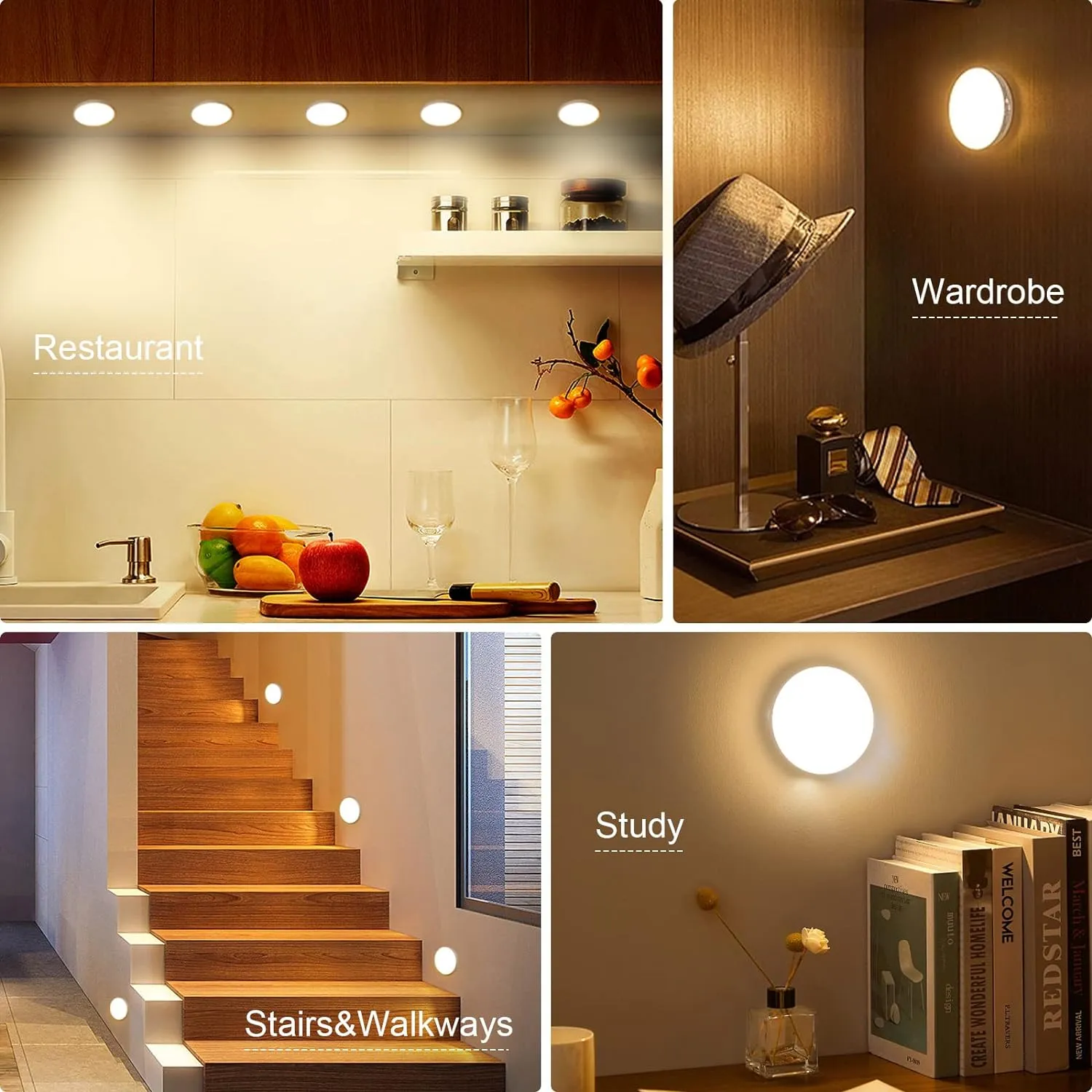8 LEDs Motion Sensor Light Indoor, Night Light USB Rechargeable, 3 Light Modes & 400 mAh Battery, Cordless Magnetic Sticker Nightlight for Stair, Closet, Hallway - 3000K Warm White 6 Pack