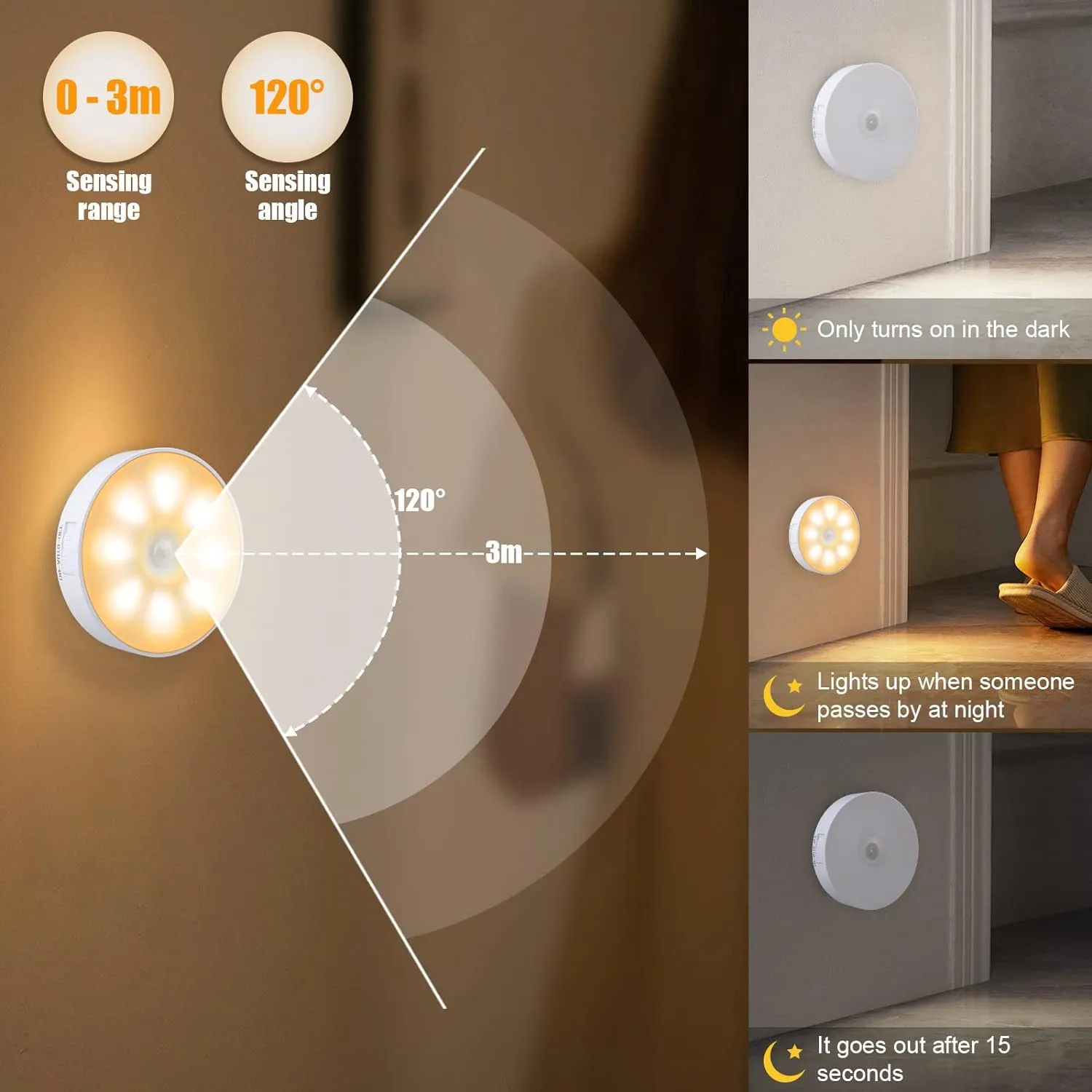 8 LEDs Motion Sensor Light Indoor, Night Light USB Rechargeable, 3 Light Modes & 400 mAh Battery, Cordless Magnetic Sticker Nightlight for Stair, Closet, Hallway - 3000K Warm White 6 Pack