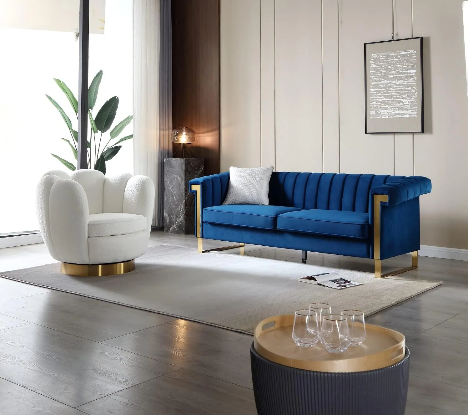 83'' Blue Velvet Couch Sofa Mid-Century Modern Love Seat Chesterfield 3 Seat Couches Sofa for Living Room Apartment (Blue)