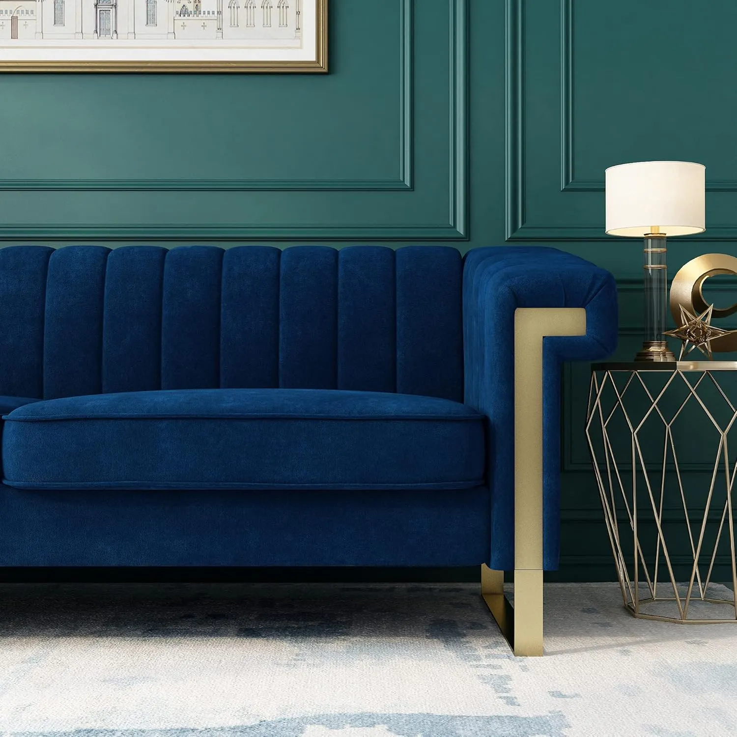 83'' Blue Velvet Couch Sofa Mid-Century Modern Love Seat Chesterfield 3 Seat Couches Sofa for Living Room Apartment (Blue)