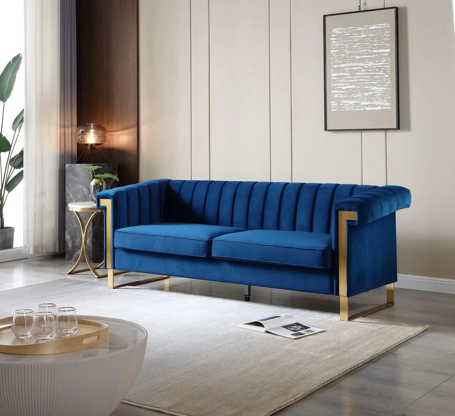 83'' Blue Velvet Couch Sofa Mid-Century Modern Love Seat Chesterfield 3 Seat Couches Sofa for Living Room Apartment (Blue)