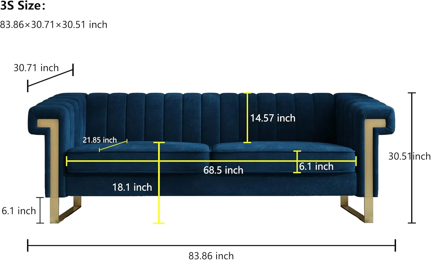 83'' Blue Velvet Couch Sofa Mid-Century Modern Love Seat Chesterfield 3 Seat Couches Sofa for Living Room Apartment (Blue)