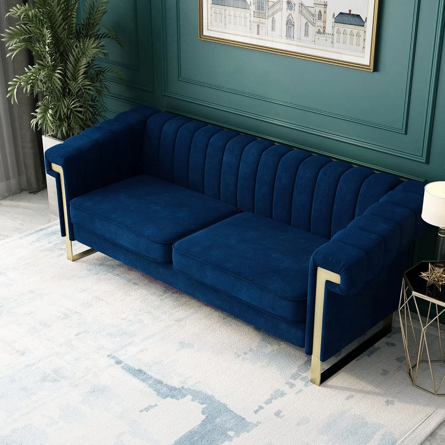 83'' Blue Velvet Couch Sofa Mid-Century Modern Love Seat Chesterfield 3 Seat Couches Sofa for Living Room Apartment (Blue)
