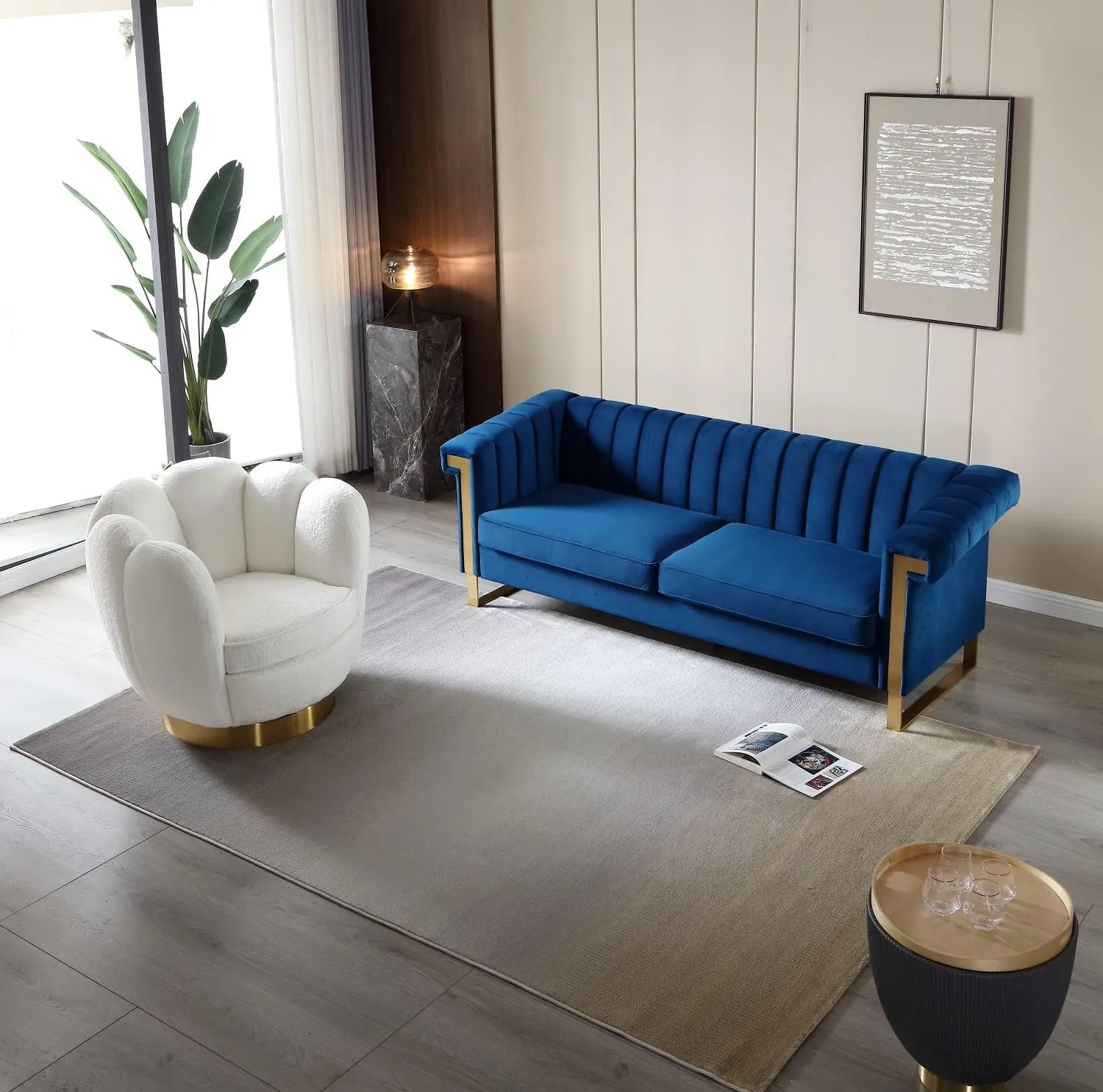 83'' Blue Velvet Couch Sofa Mid-Century Modern Love Seat Chesterfield 3 Seat Couches Sofa for Living Room Apartment (Blue)