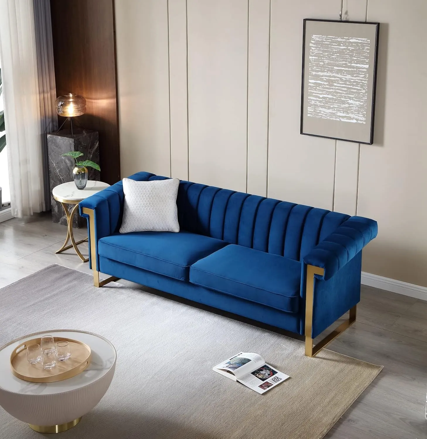 83'' Blue Velvet Couch Sofa Mid-Century Modern Love Seat Chesterfield 3 Seat Couches Sofa for Living Room Apartment (Blue)