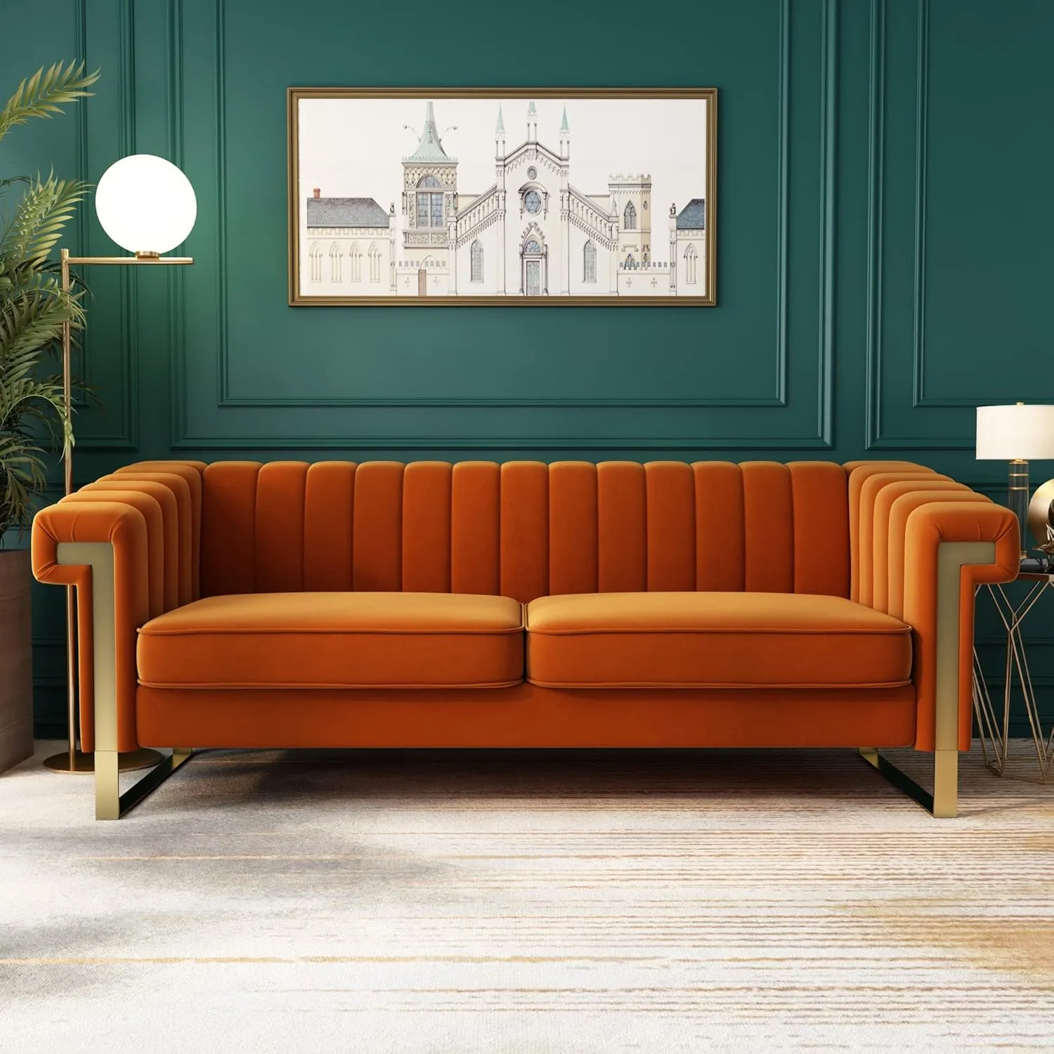 83'' Orange Velvet Couch Sofa Mid-Century Modern Love Seat Chesterfield 3 Seat Couches Sofa for Living Room Apartment (Orange)