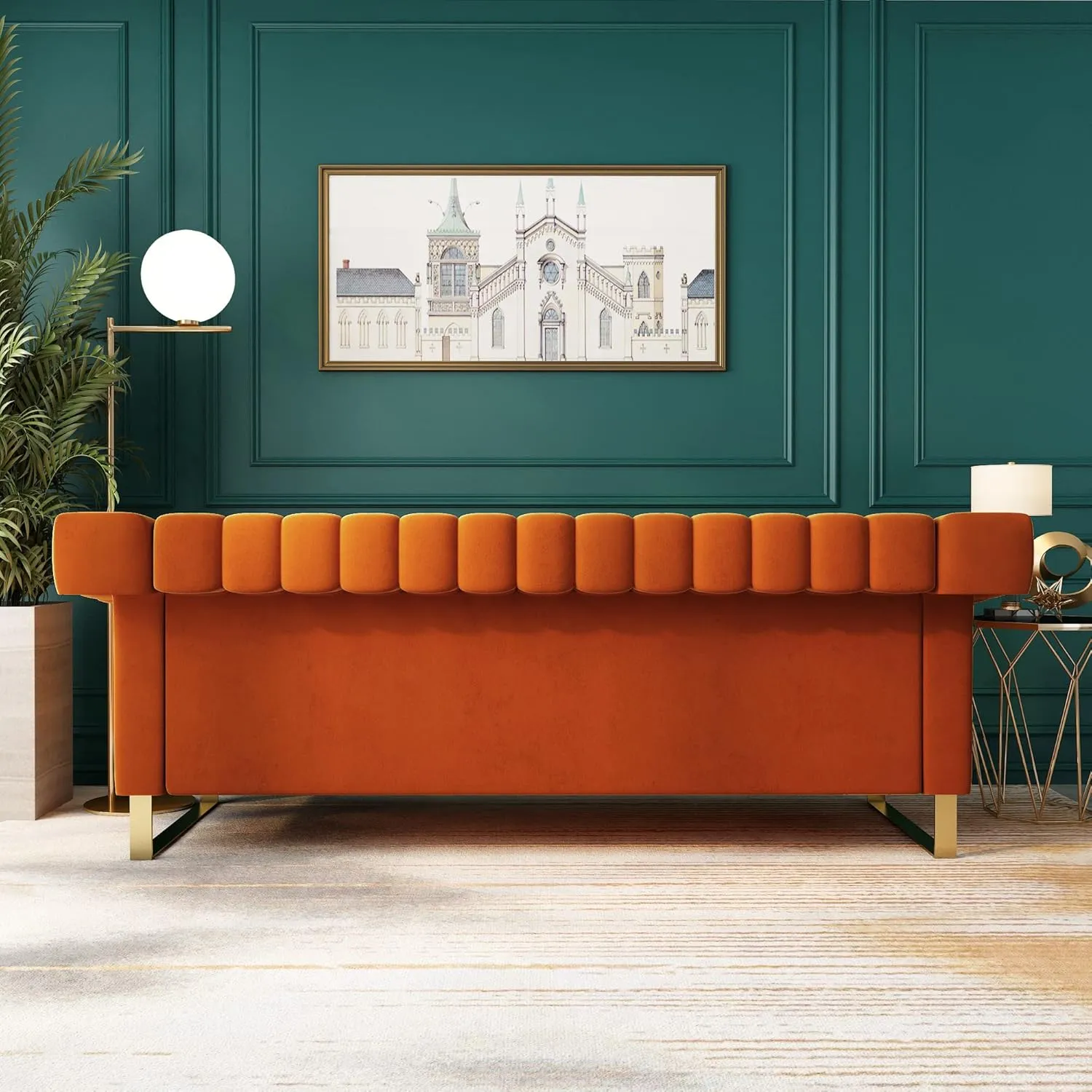 83'' Orange Velvet Couch Sofa Mid-Century Modern Love Seat Chesterfield 3 Seat Couches Sofa for Living Room Apartment (Orange)